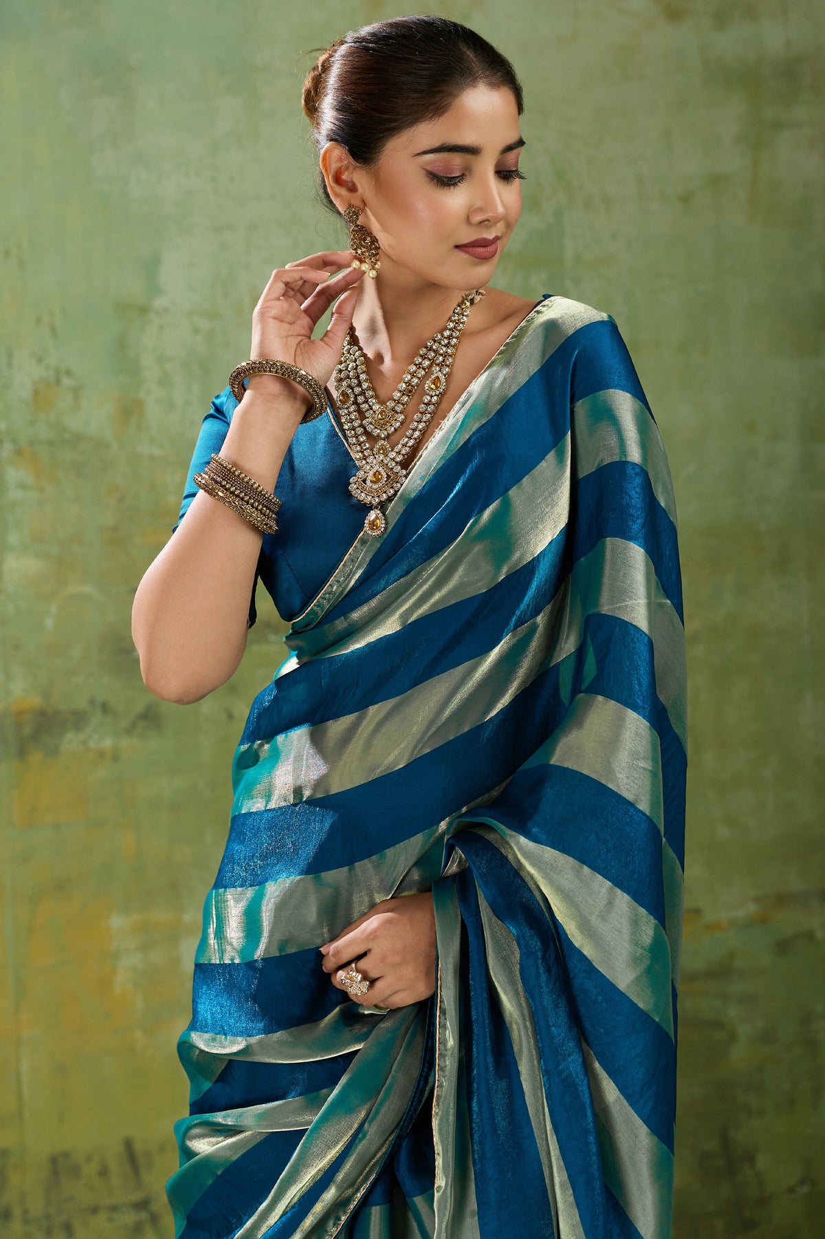 Teal Blue Velvet Satin Saree With Metallic Patta-SAR12947_3_SareeButa.com