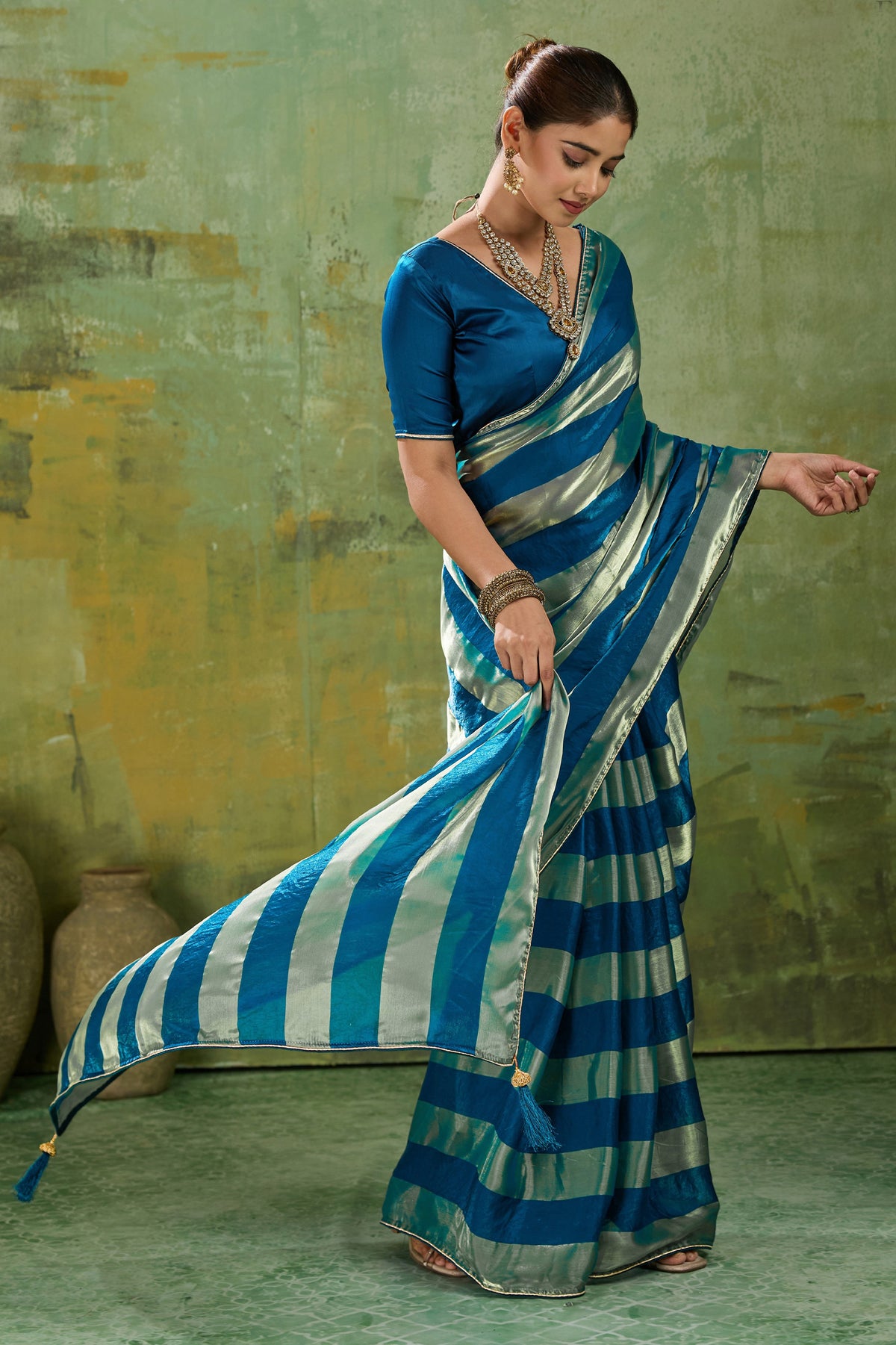 Teal Blue Velvet Satin Saree With Metallic Patta-SAR12947_4_SareeButa.com