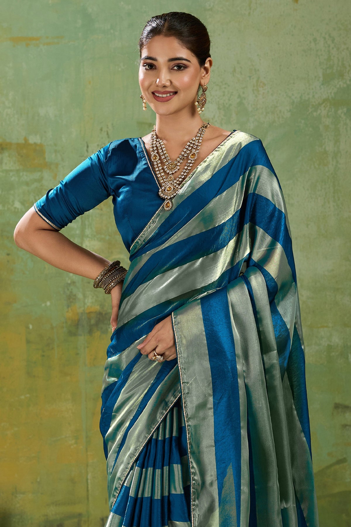 Teal Blue Velvet Satin Saree With Metallic Patta-SAR12947_5_SareeButa.com