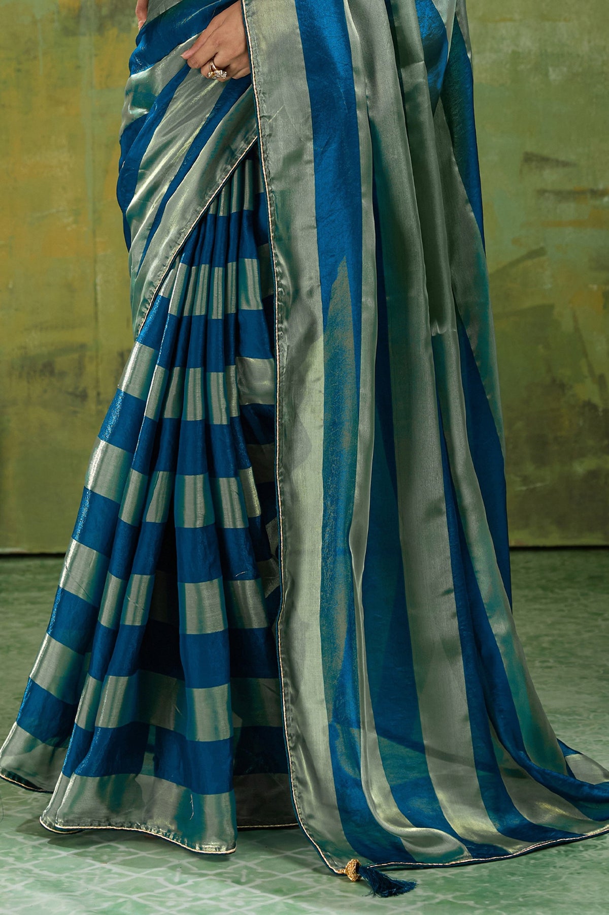 Teal Blue Velvet Satin Saree With Metallic Patta-SAR12947_6_SareeButa.com