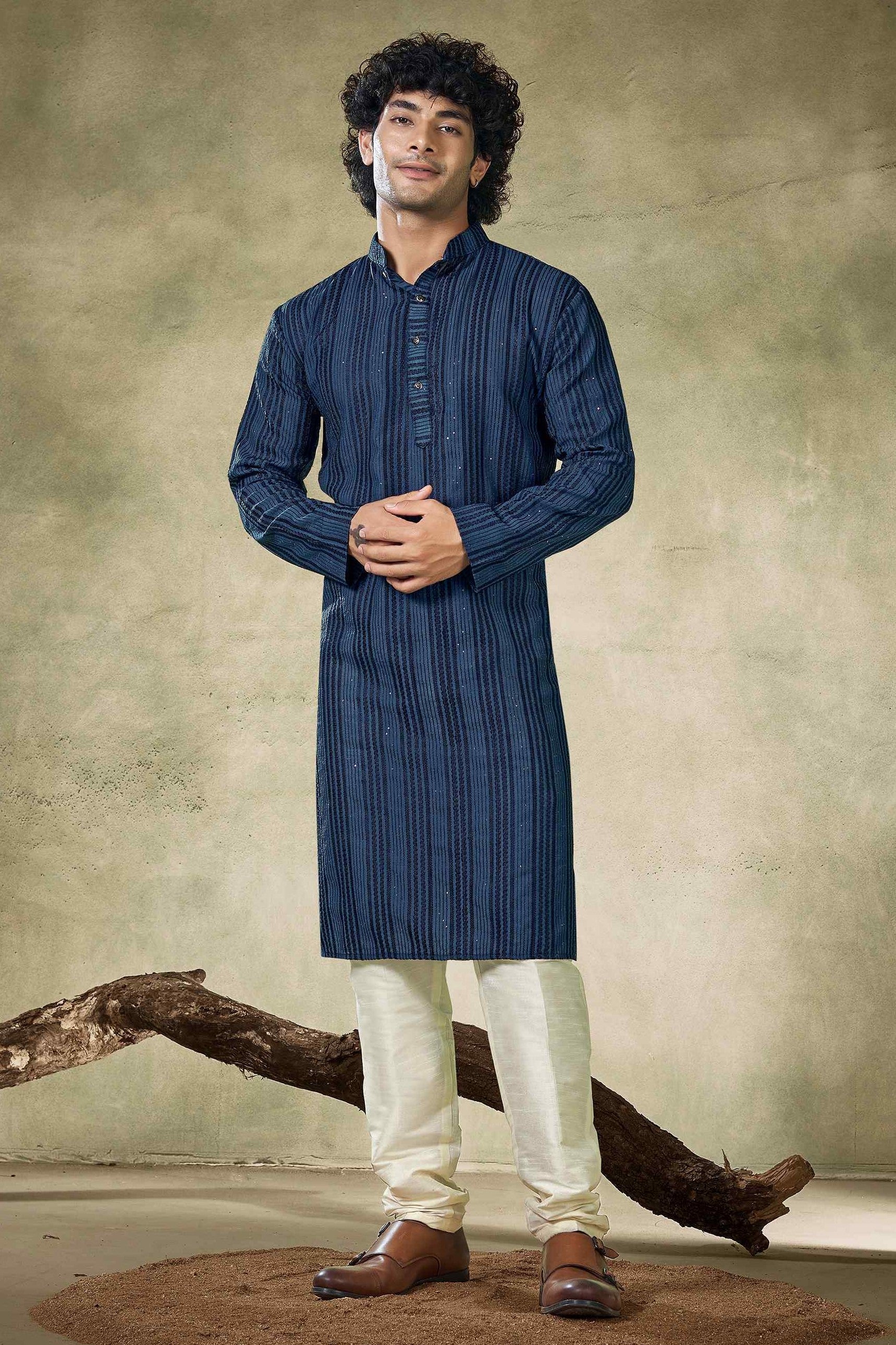 Teal Blue Viscose Sequin Kurta Pajama-MW43_1_SareeButa.com