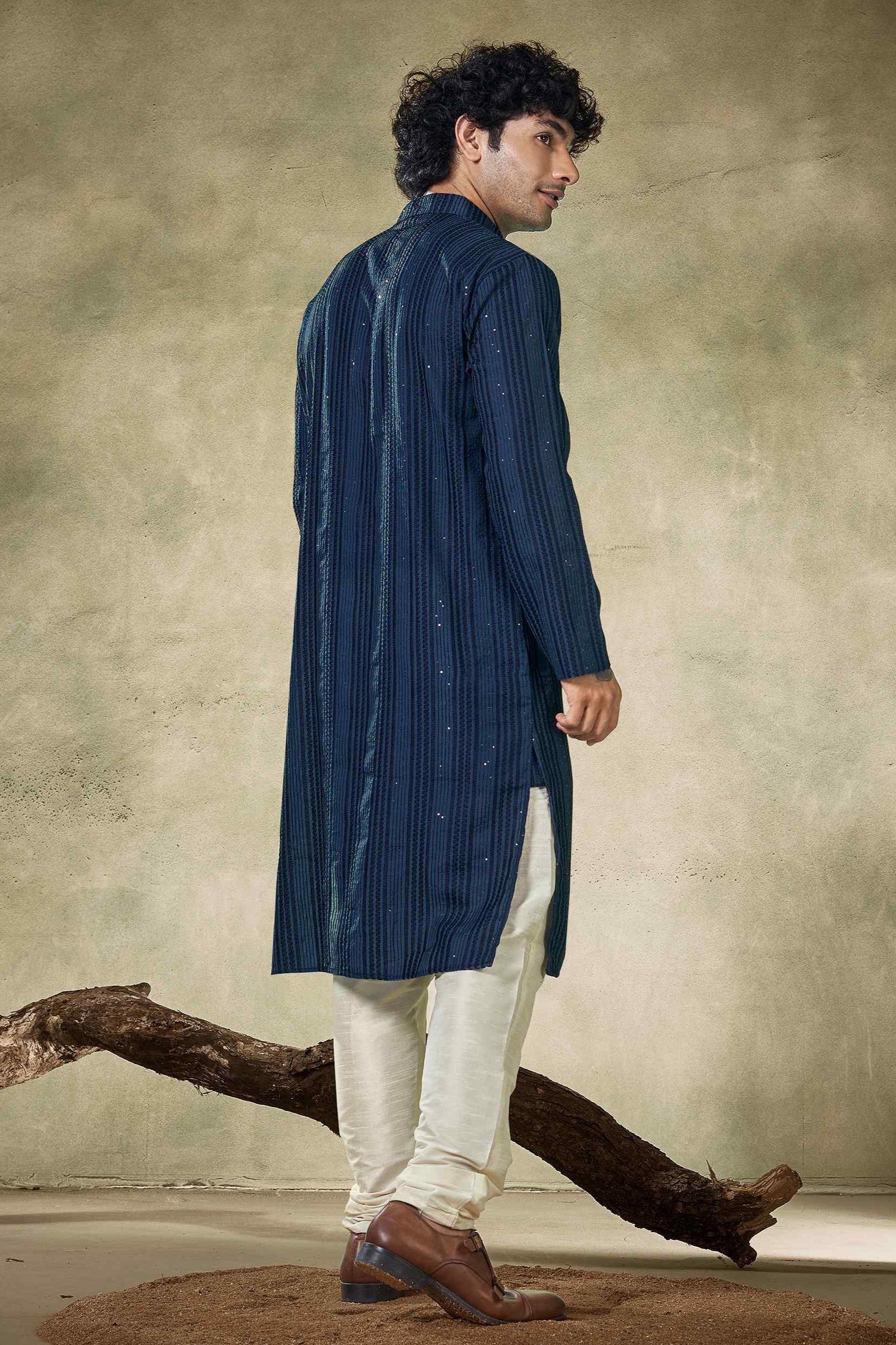 Teal Blue Viscose Sequin Kurta Pajama-MW43_4_SareeButa.com