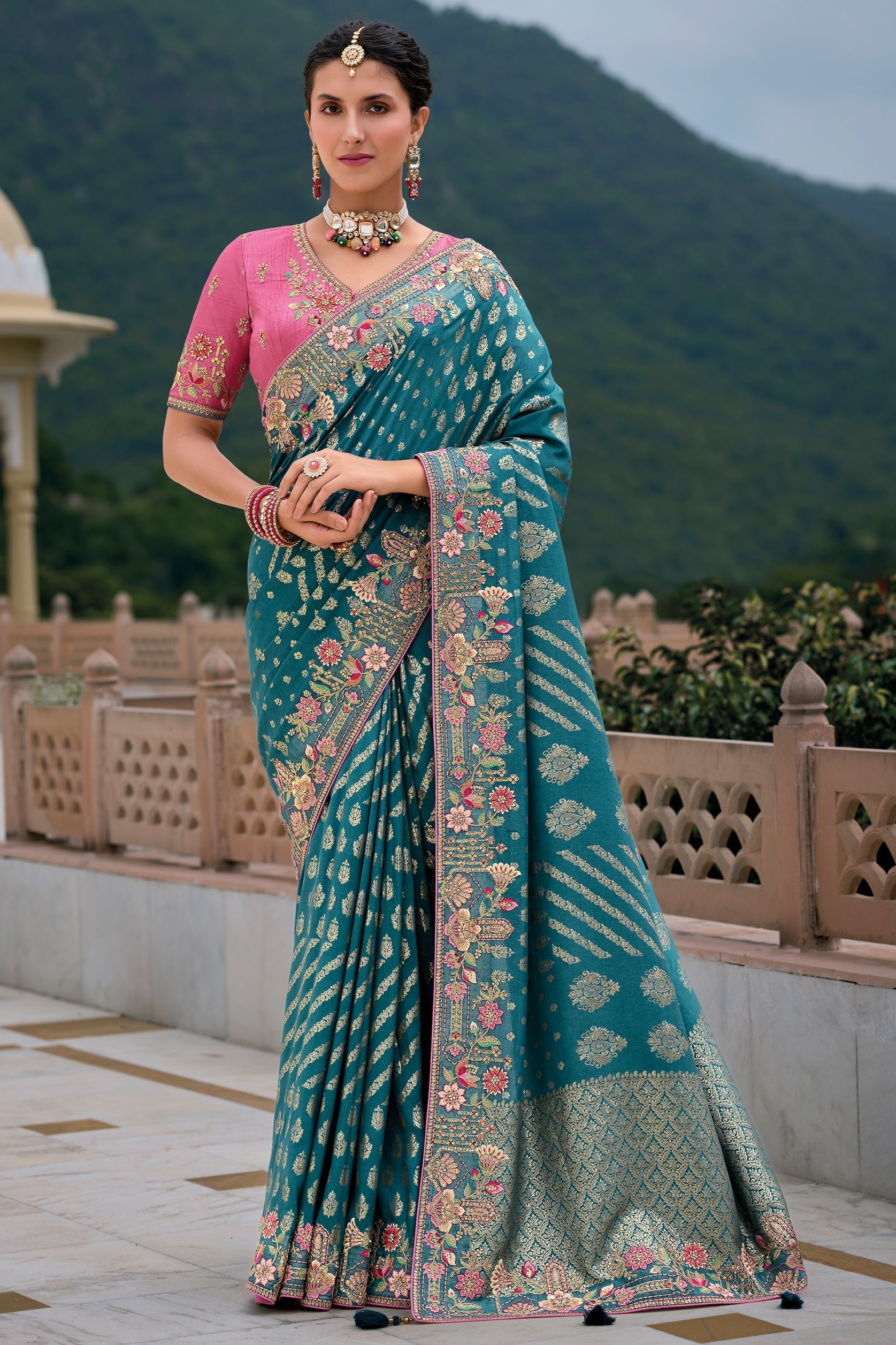 Teal Blue Woven Banarasi Saree-ZB133336_1_SareeButa.com