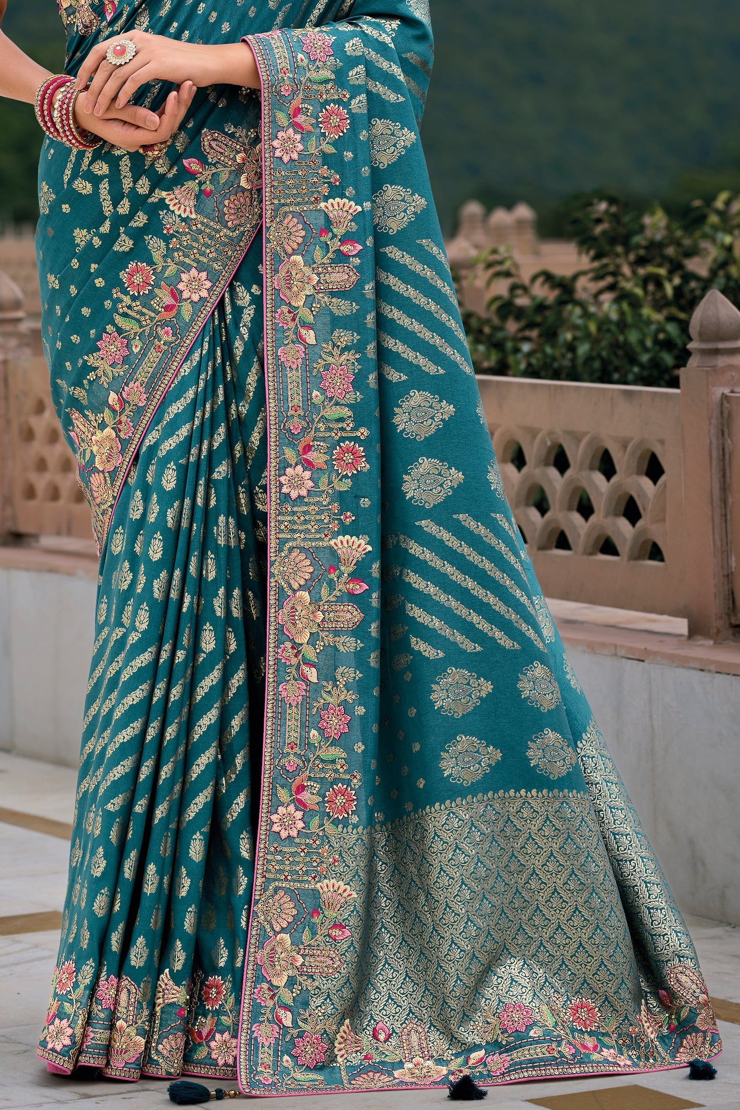 Teal Blue Woven Banarasi Saree-ZB133336_4_SareeButa.com