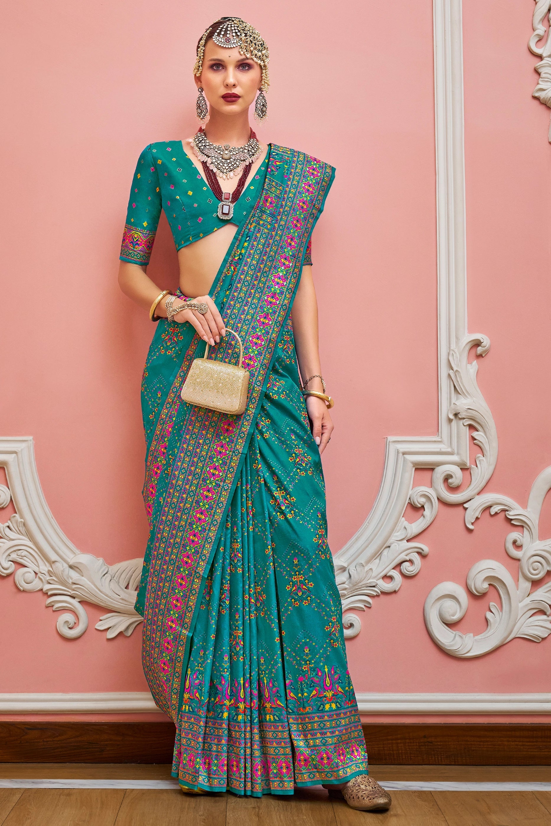 Teal Blue Woven Kashmiri Silk Saree-SAR11345_1_SareeButa.com