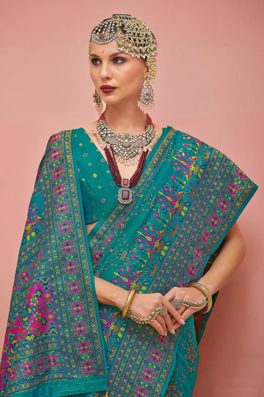 Teal Blue Woven Kashmiri Silk Saree-SAR11345_2_SareeButa.com