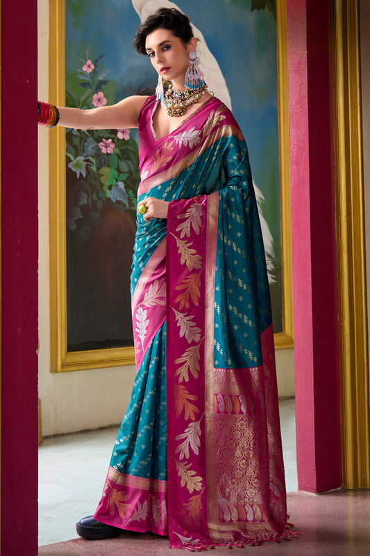 Teal Blue Woven Silk Saree-ZB133608_1_SareeButa.com