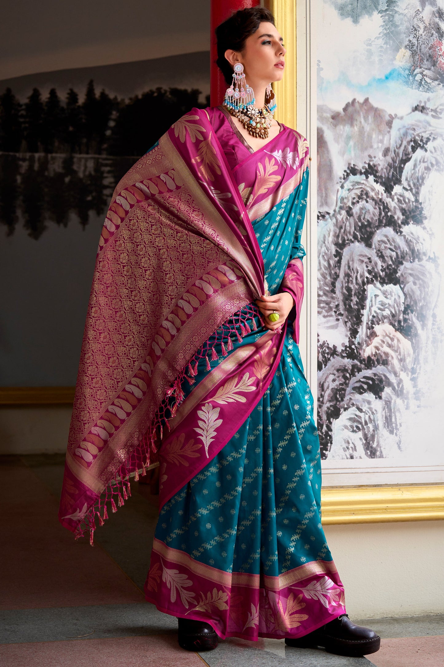 Teal Blue Woven Silk Saree-ZB133608_3_SareeButa.com