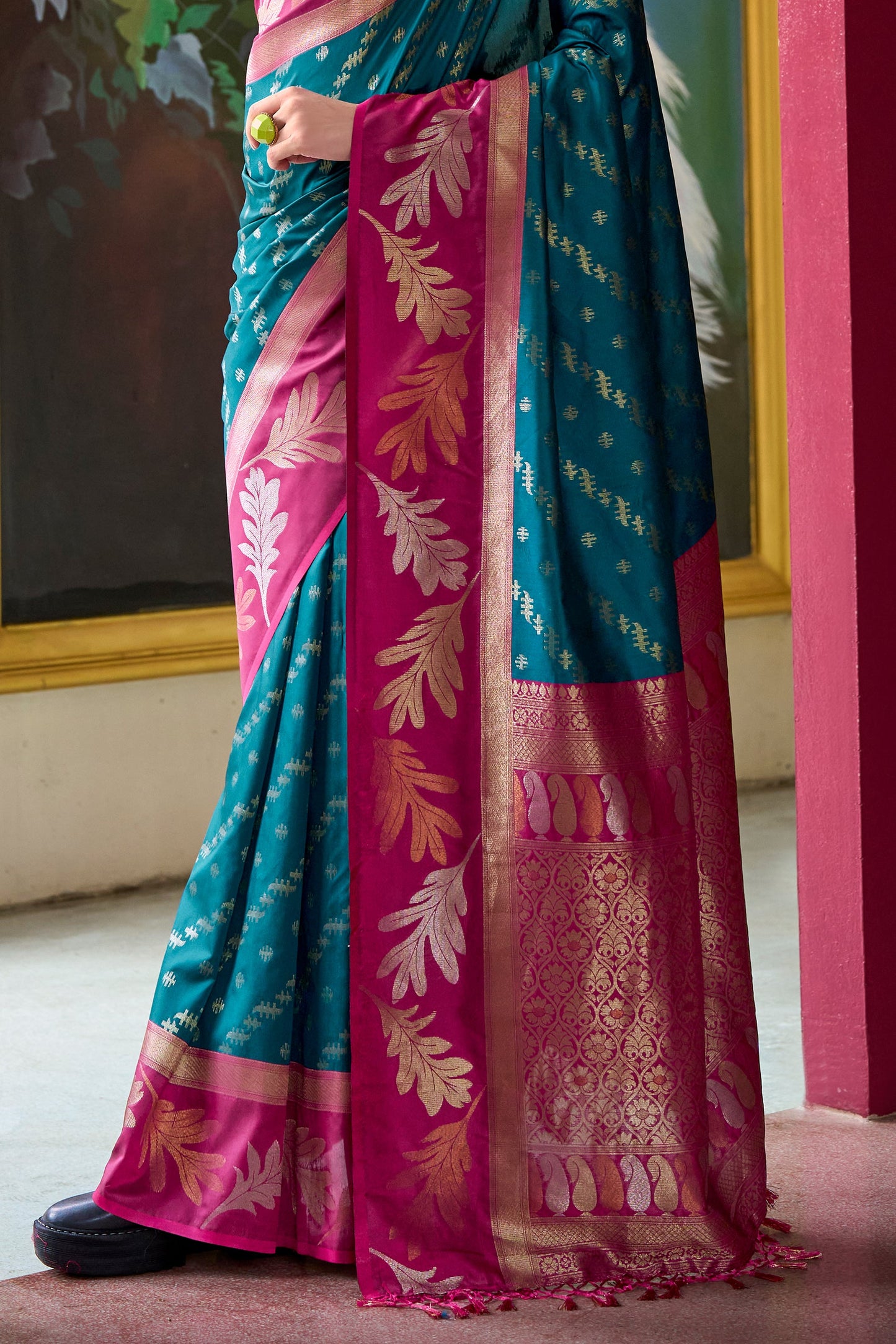 Teal Blue Woven Silk Saree-ZB133608_4_SareeButa.com