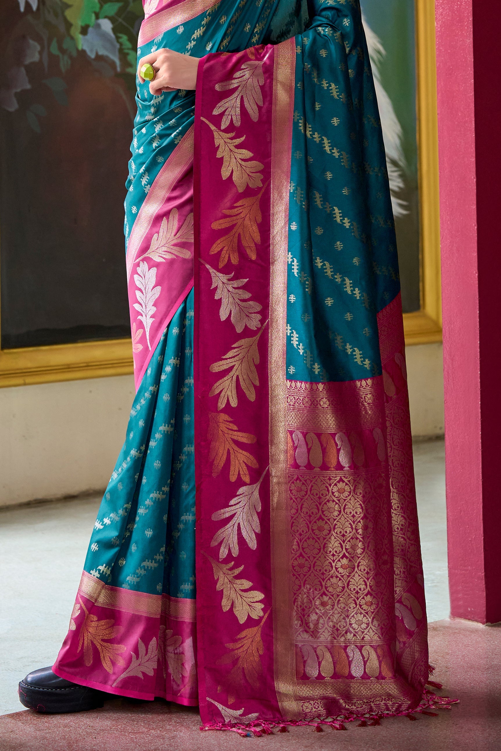 Teal Blue Woven Silk Saree-ZB133608_4_SareeButa.com