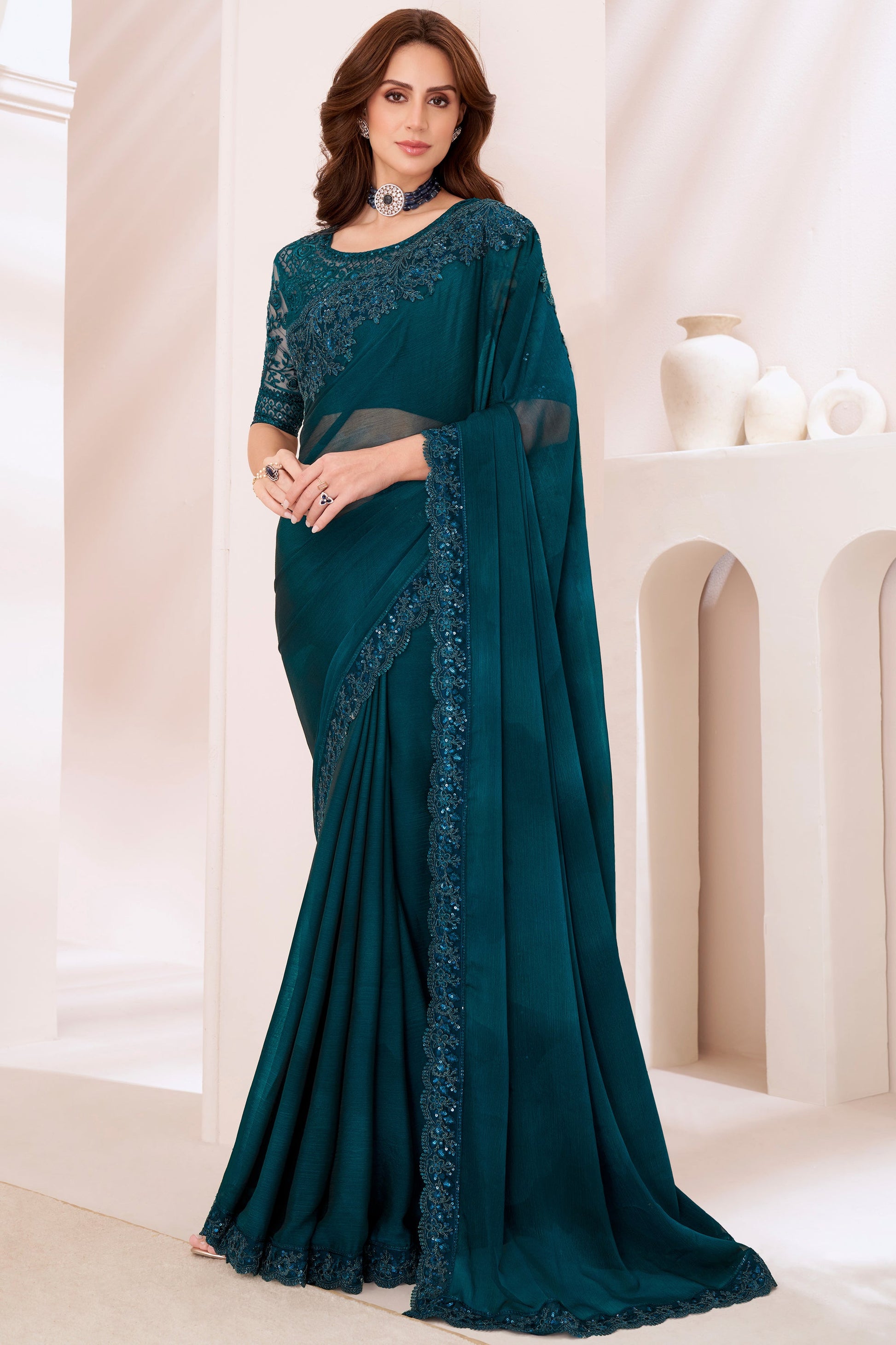 Teal Embroidered Chiffon Saree-ZB132159_1