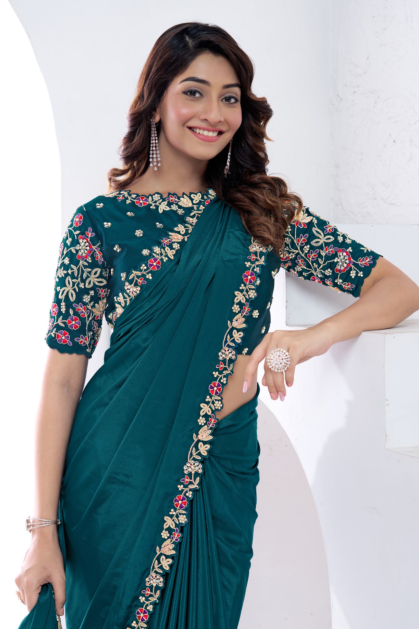 Teal Embroidered Crepe Silk Saree