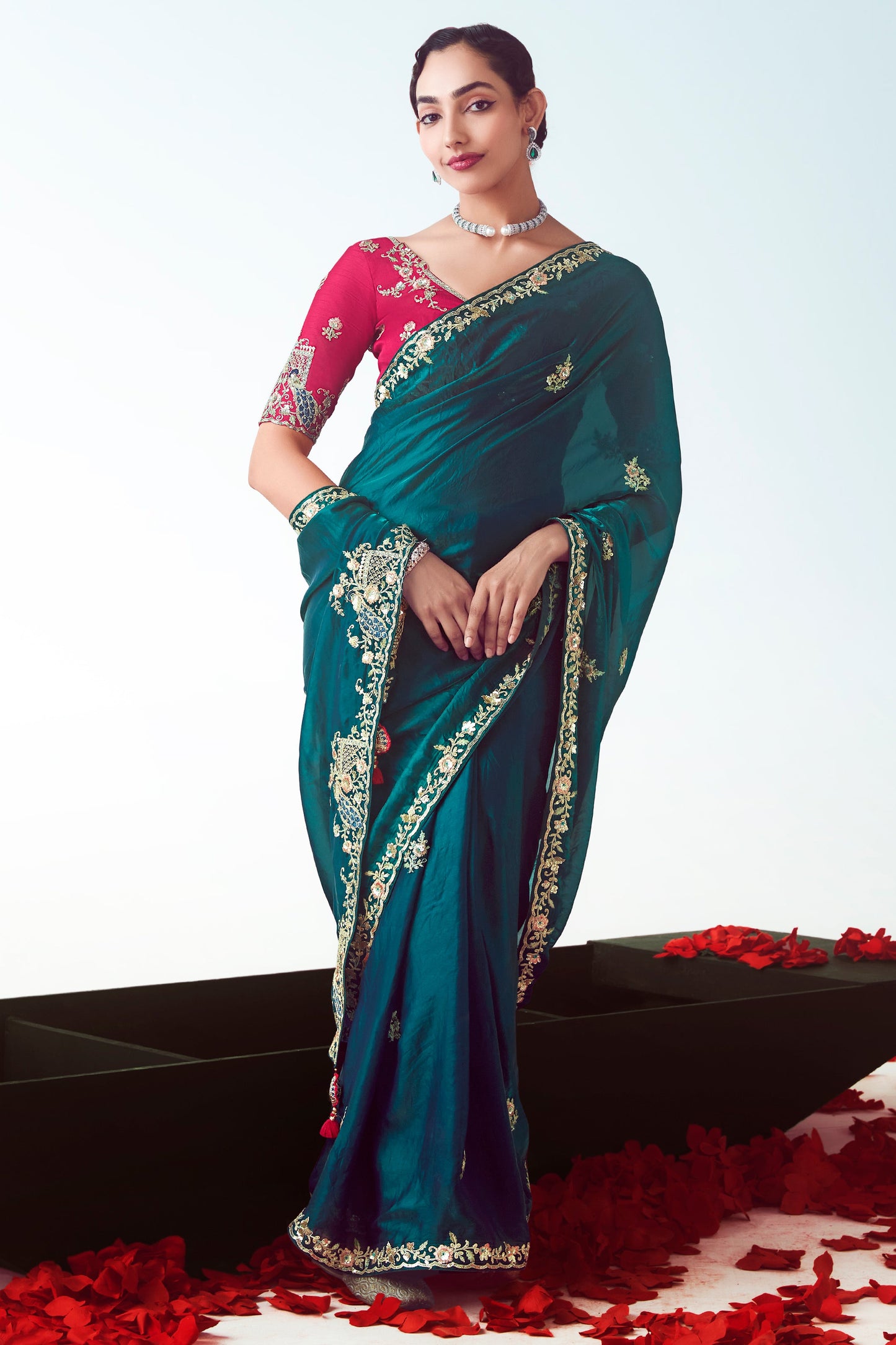 Teal Embroidered Organza Saree-ZB134771_1_SareeButa.com