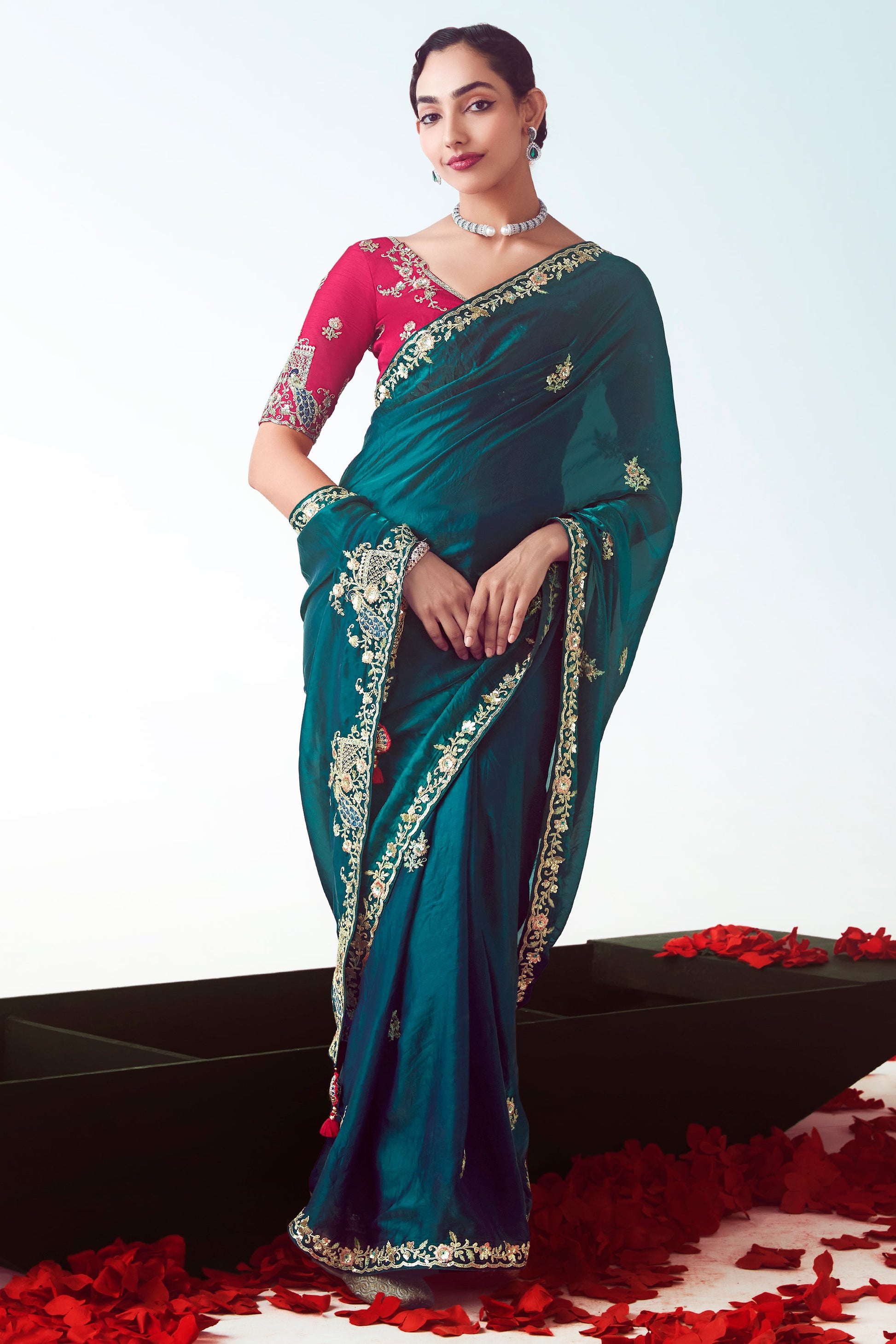 Teal Embroidered Organza Saree-ZB134771_1_SareeButa.com