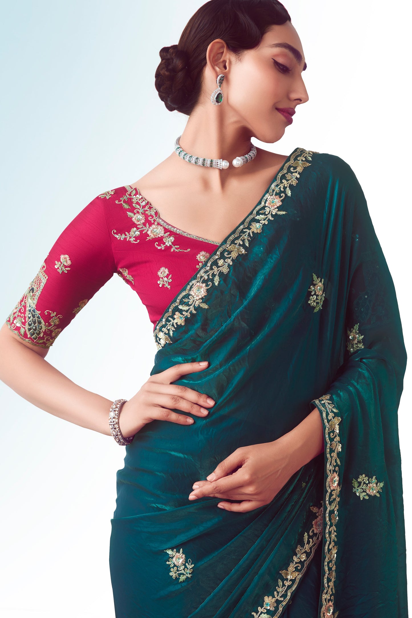 Teal Embroidered Organza Saree-ZB134771_2_SareeButa.com