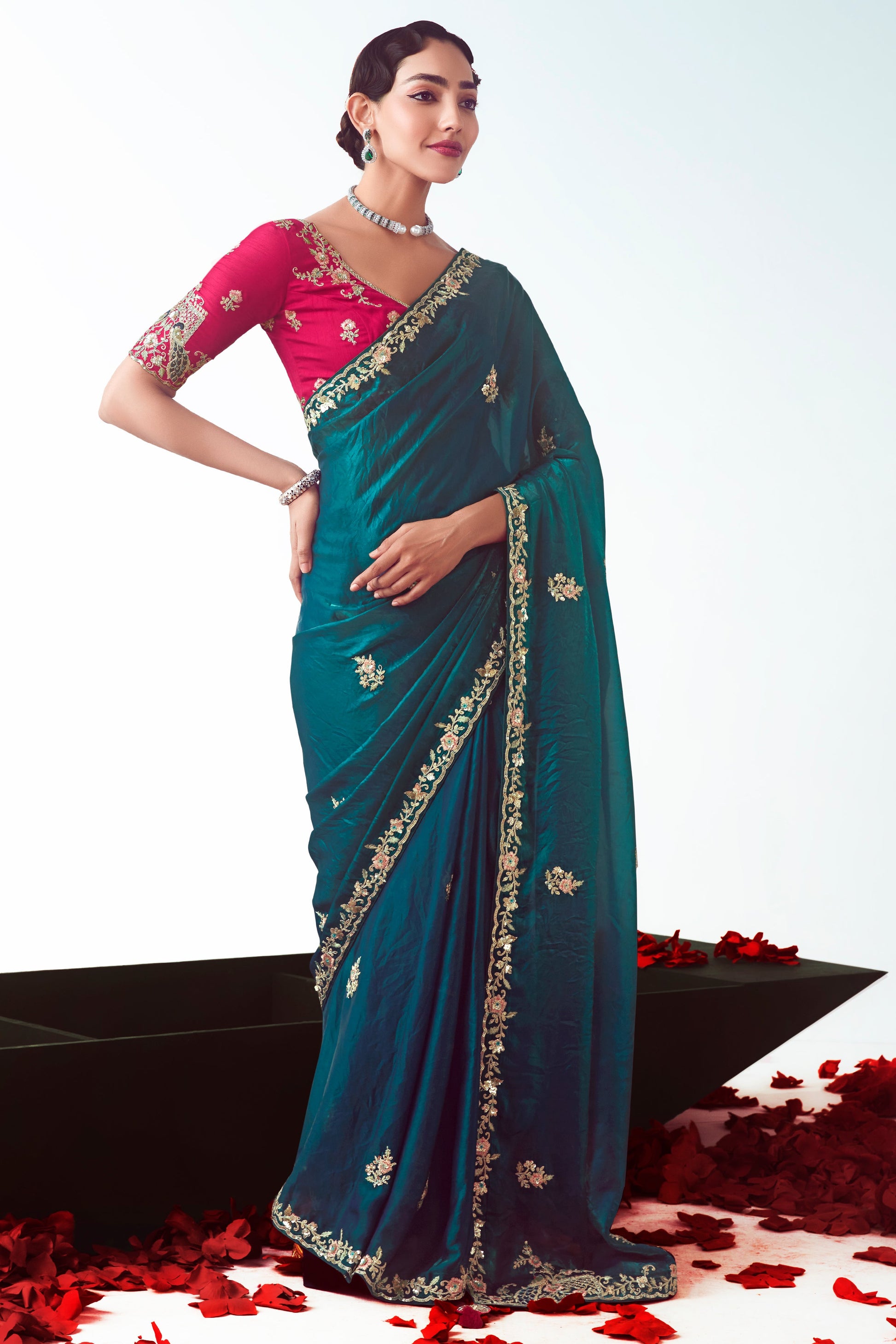 Teal Embroidered Organza Saree-ZB134771_4_SareeButa.com