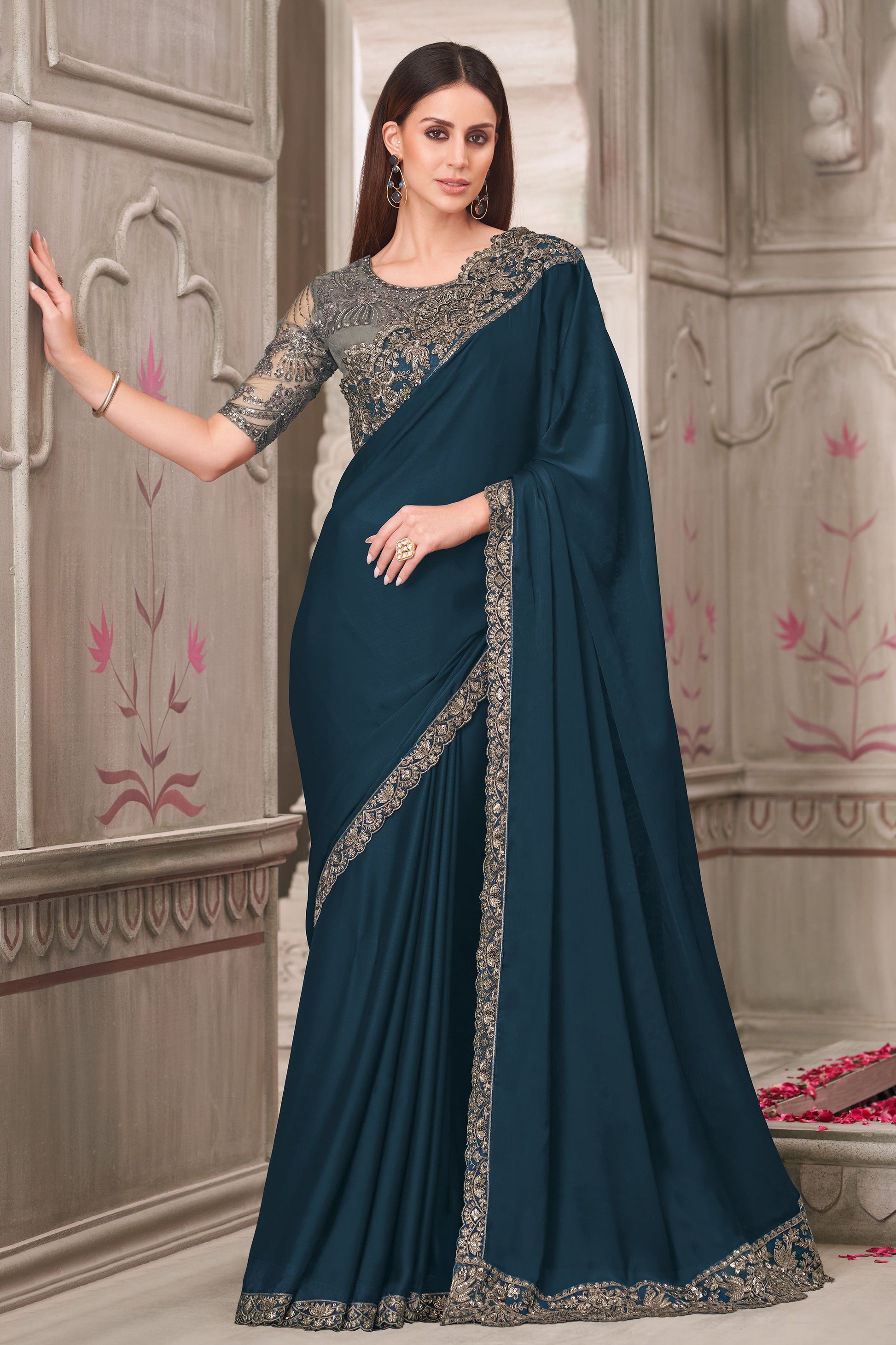 Teal Embroidered Satin Georgette Saree-ZB134565_1_SareeButa.com