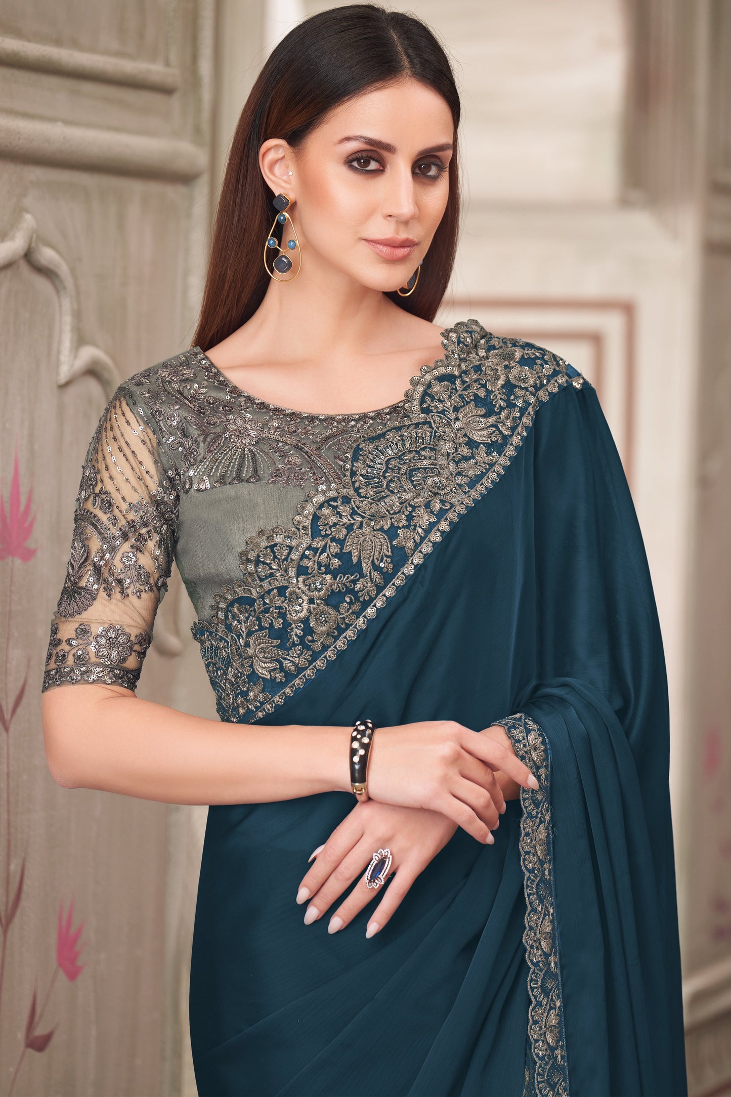 Teal Embroidered Satin Georgette Saree-ZB134565_2_SareeButa.com