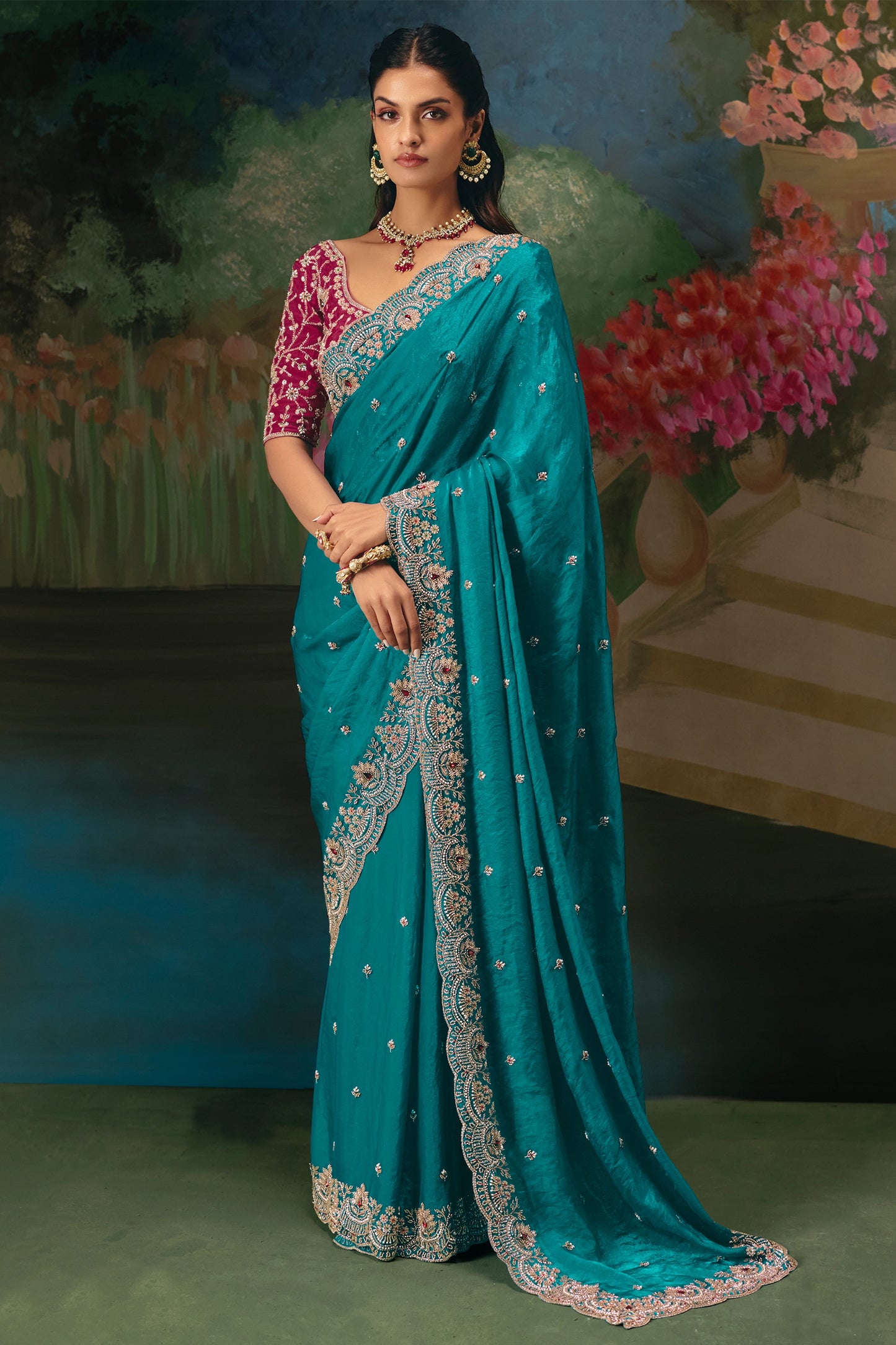 Teal Green Embroidered Organza Saree-SAR12019_1_SareeButa.com