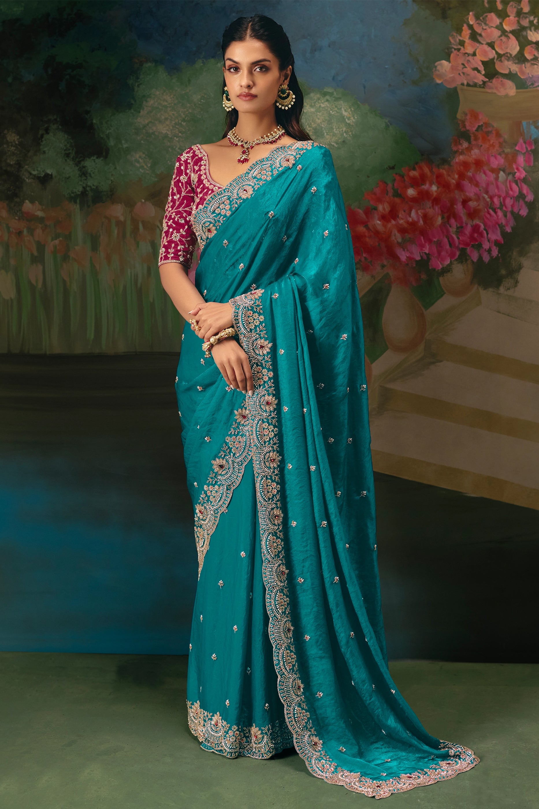 Teal Green Embroidered Organza Saree-SAR12019_1_SareeButa.com