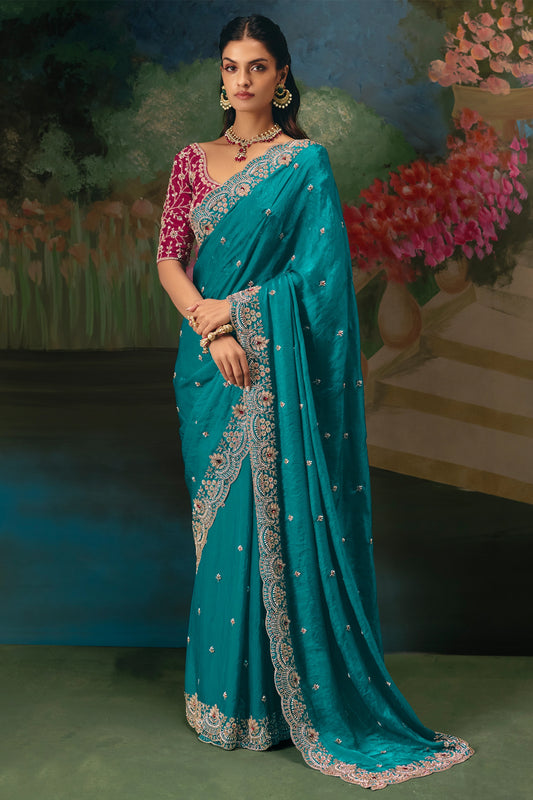 Teal Green Embroidered Organza Saree-SAR12019_1_SareeButa.com