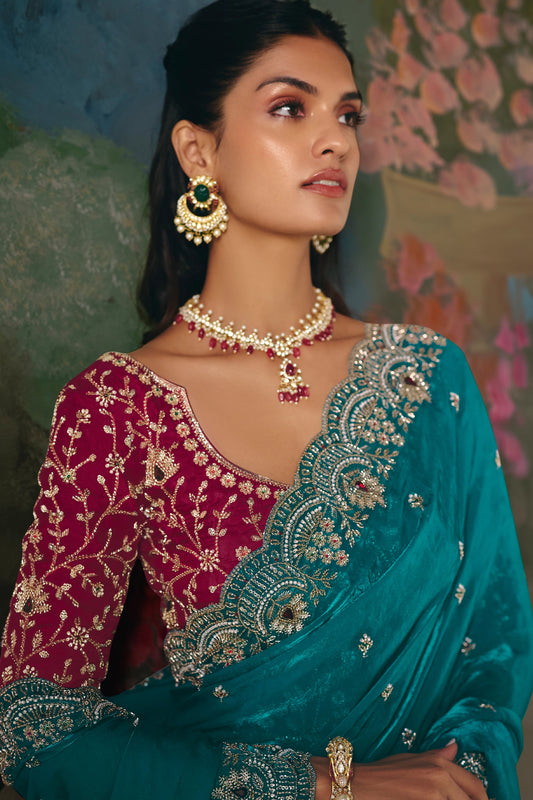 Teal Green Embroidered Organza Saree-SAR12019_2_SareeButa.com
