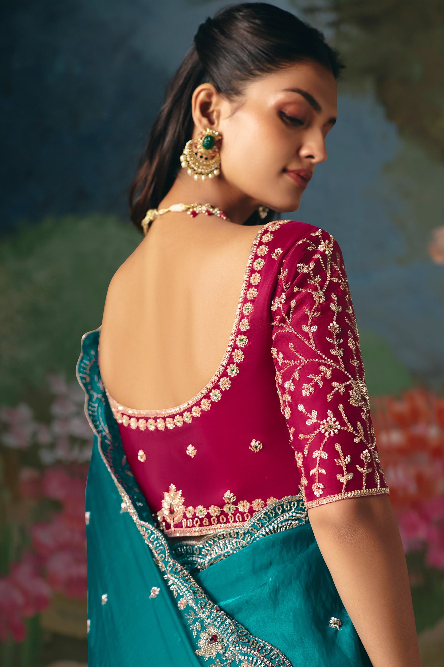 Teal Green Embroidered Organza Saree-SAR12019_3_SareeButa.com