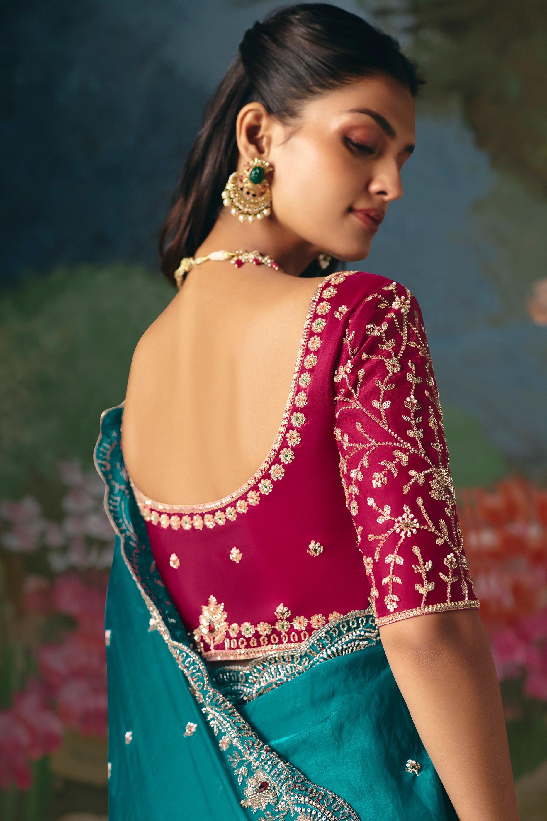 Teal Green Embroidered Organza Saree-SAR12019_3_SareeButa.com