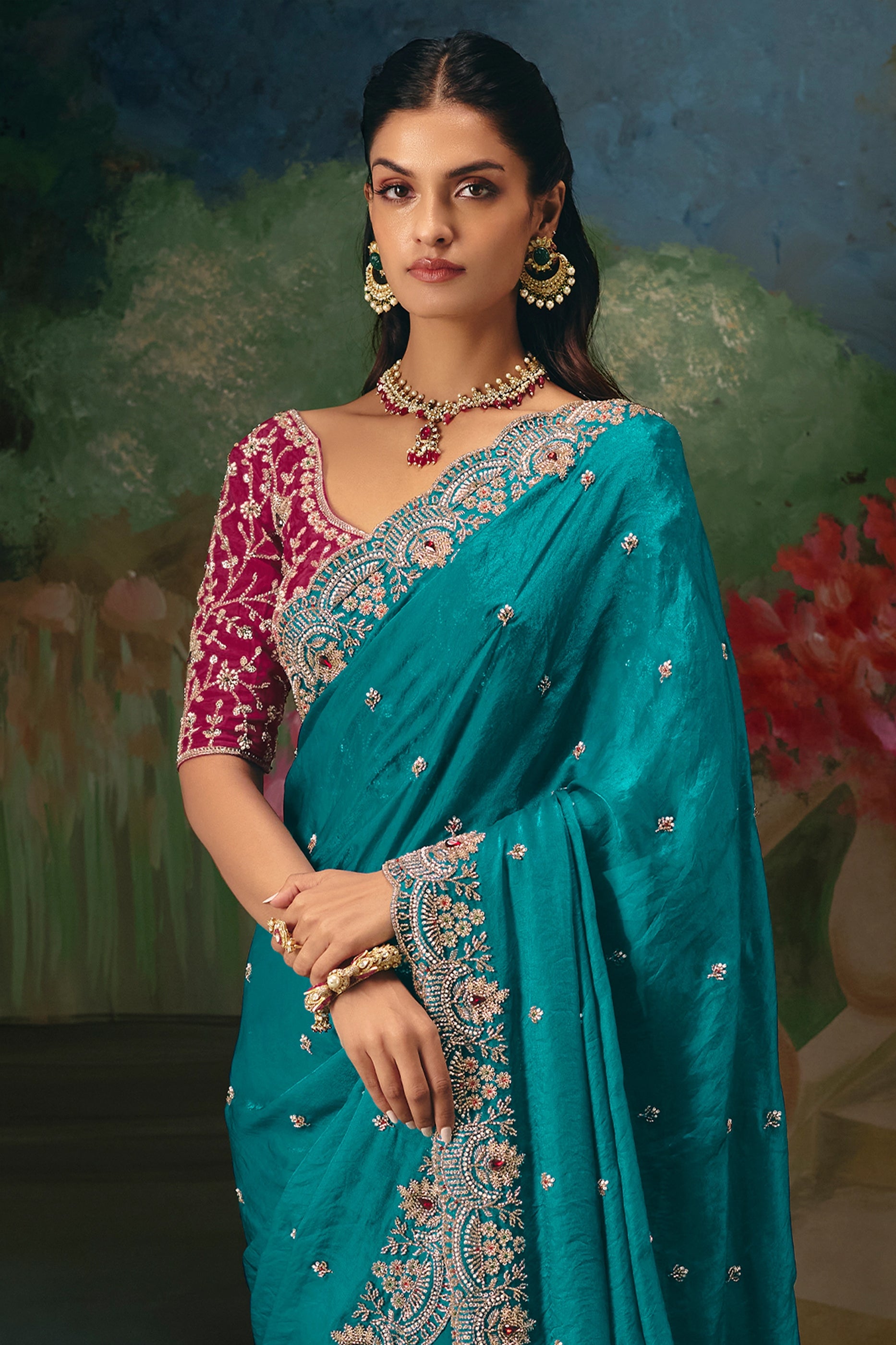 Teal Green Embroidered Organza Saree-SAR12019_4_SareeButa.com
