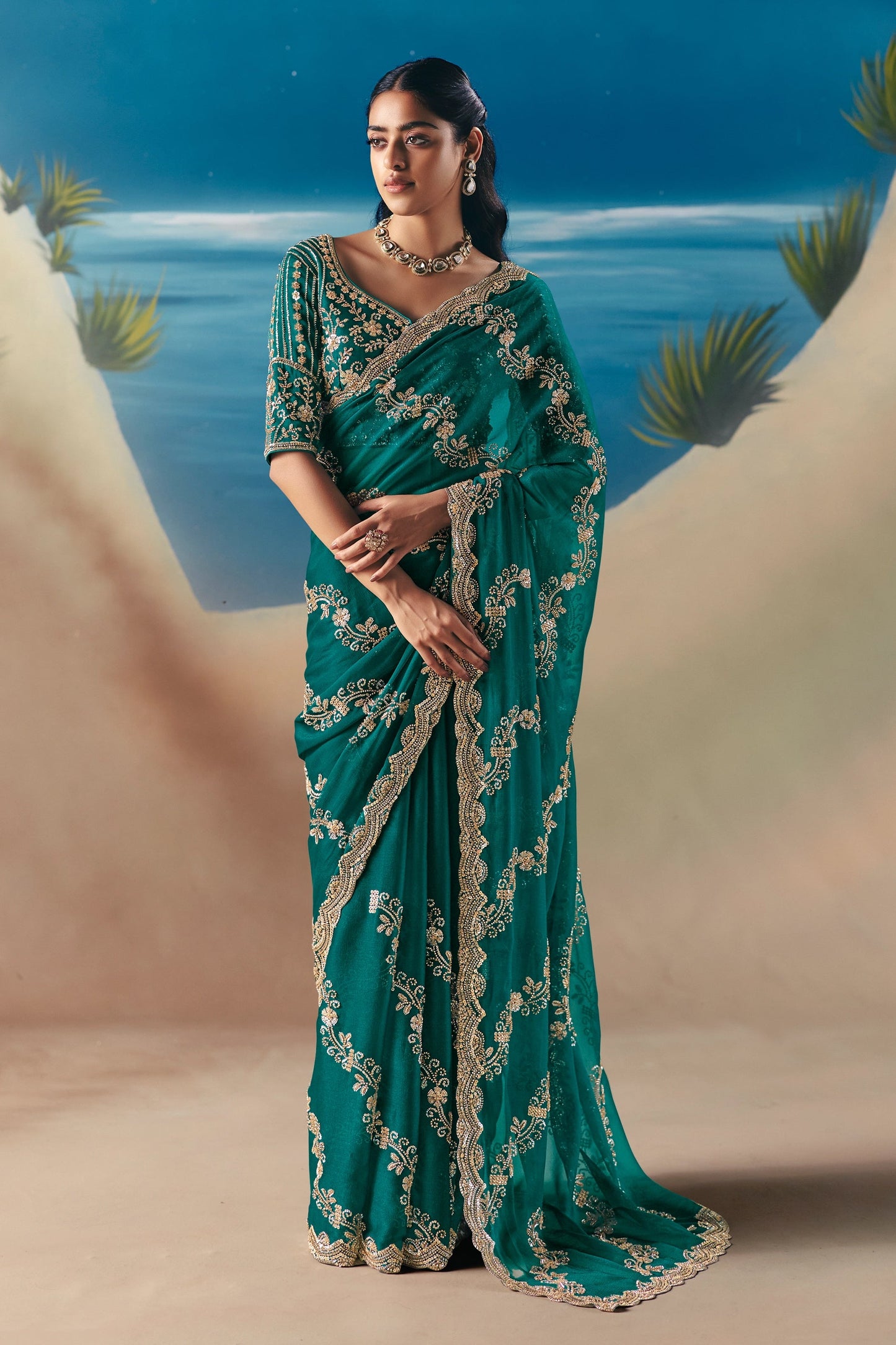 Teal Green Embroidered Satin Organza Saree-SAR11045_1_SareeButa.com