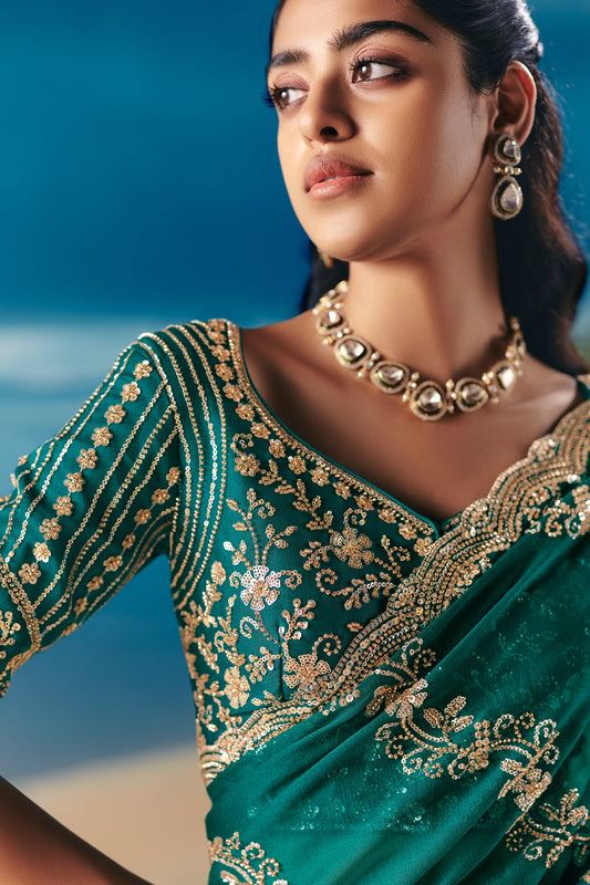 Teal Green Embroidered Satin Organza Saree-SAR11045_2_SareeButa.com