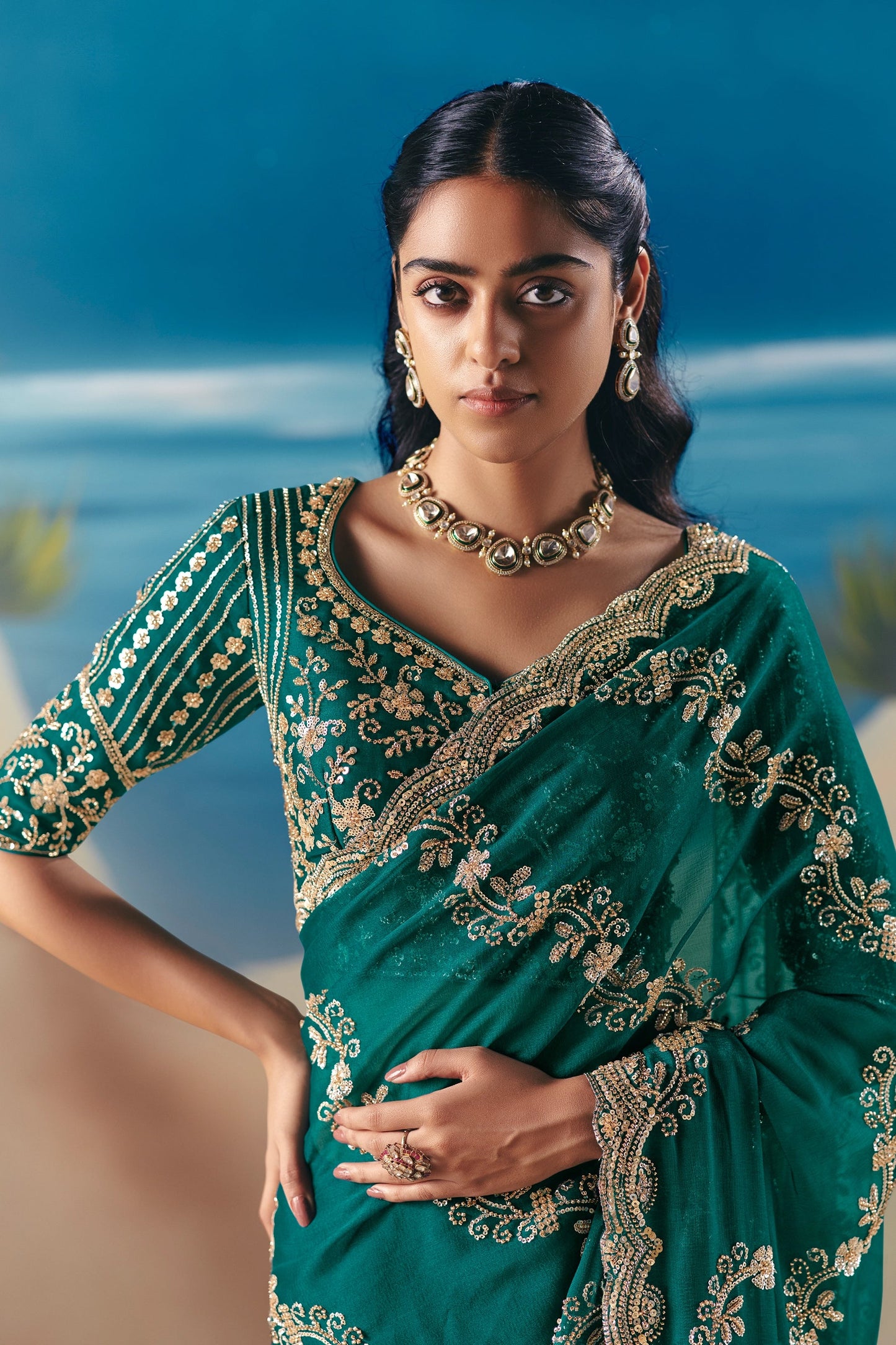 Teal Green Embroidered Satin Organza Saree-SAR11045_3_SareeButa.com