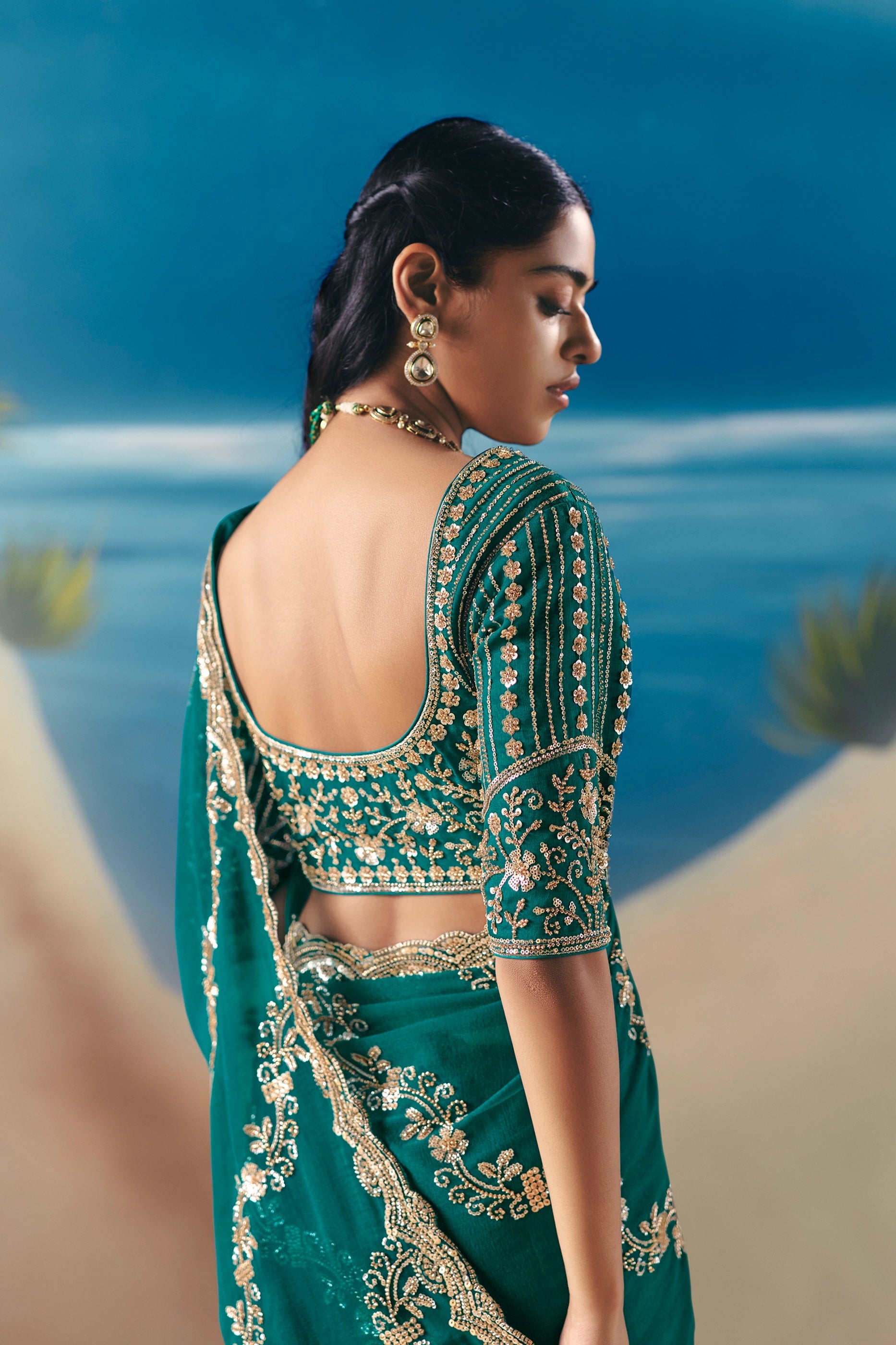 Teal Green Embroidered Satin Organza Saree-SAR11045_4_SareeButa.com
