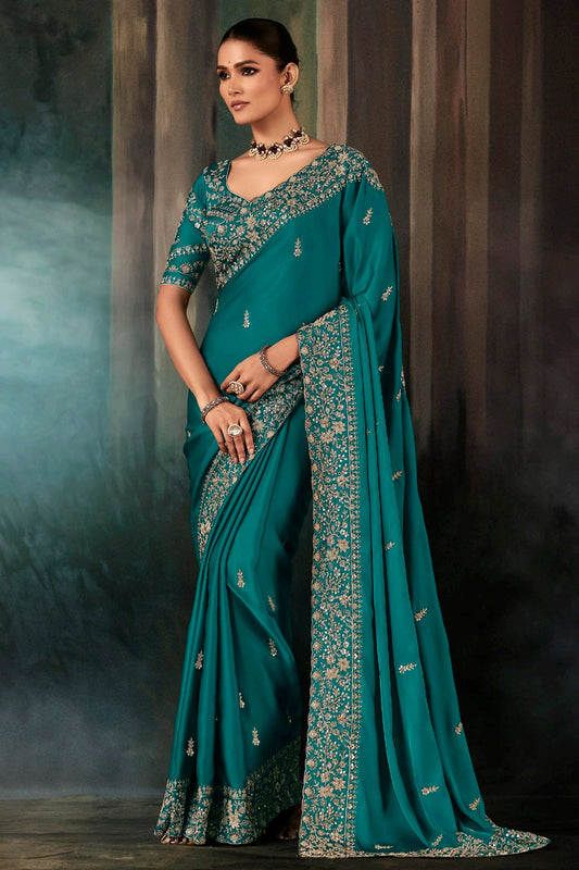 Teal Green Embroidered Satin Silk Saree-SAR11121_1_SareeButa.com