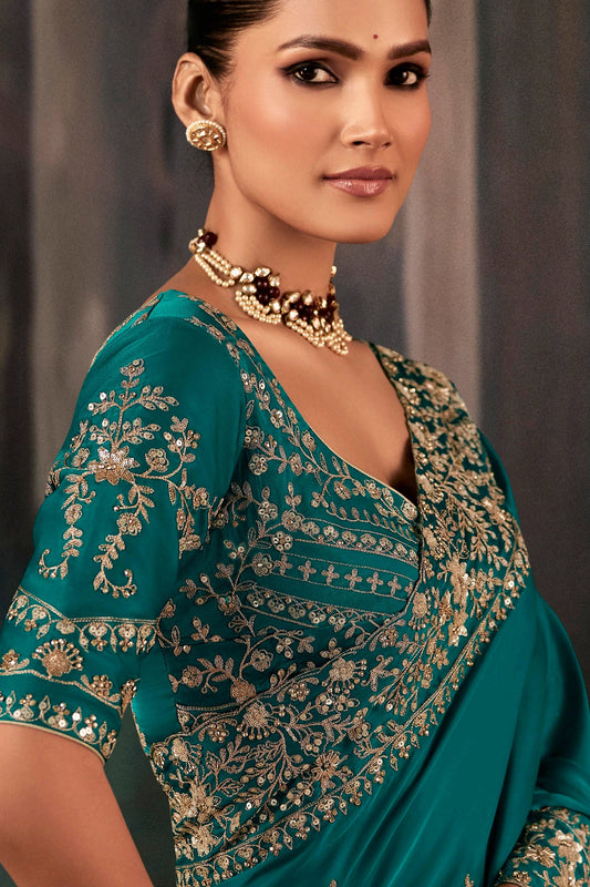 Teal Green Embroidered Satin Silk Saree-SAR11121_2_SareeButa.com