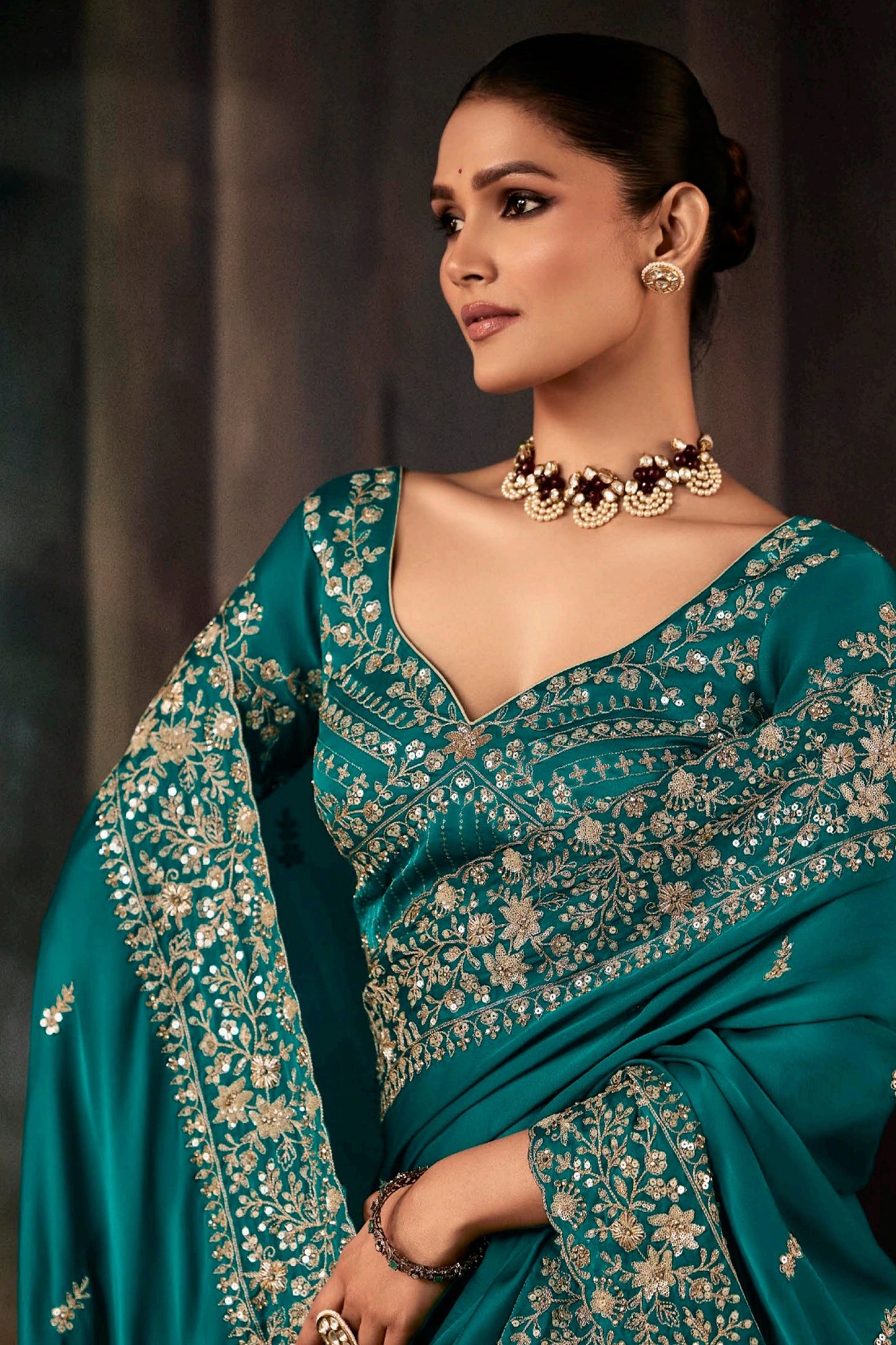 Teal Green Embroidered Satin Silk Saree-SAR11121_3_SareeButa.com