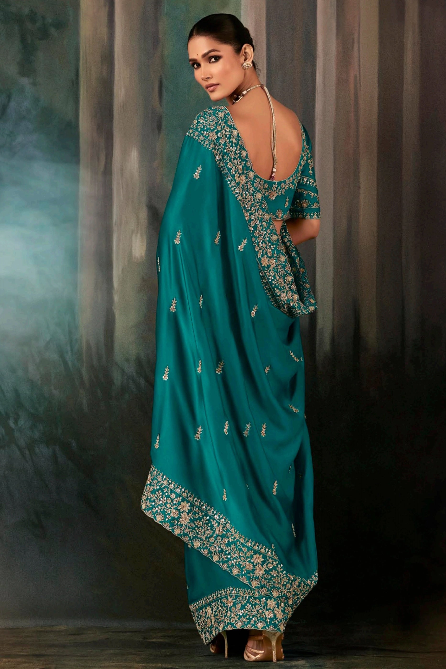 Teal Green Embroidered Satin Silk Saree-SAR11121_5_SareeButa.com