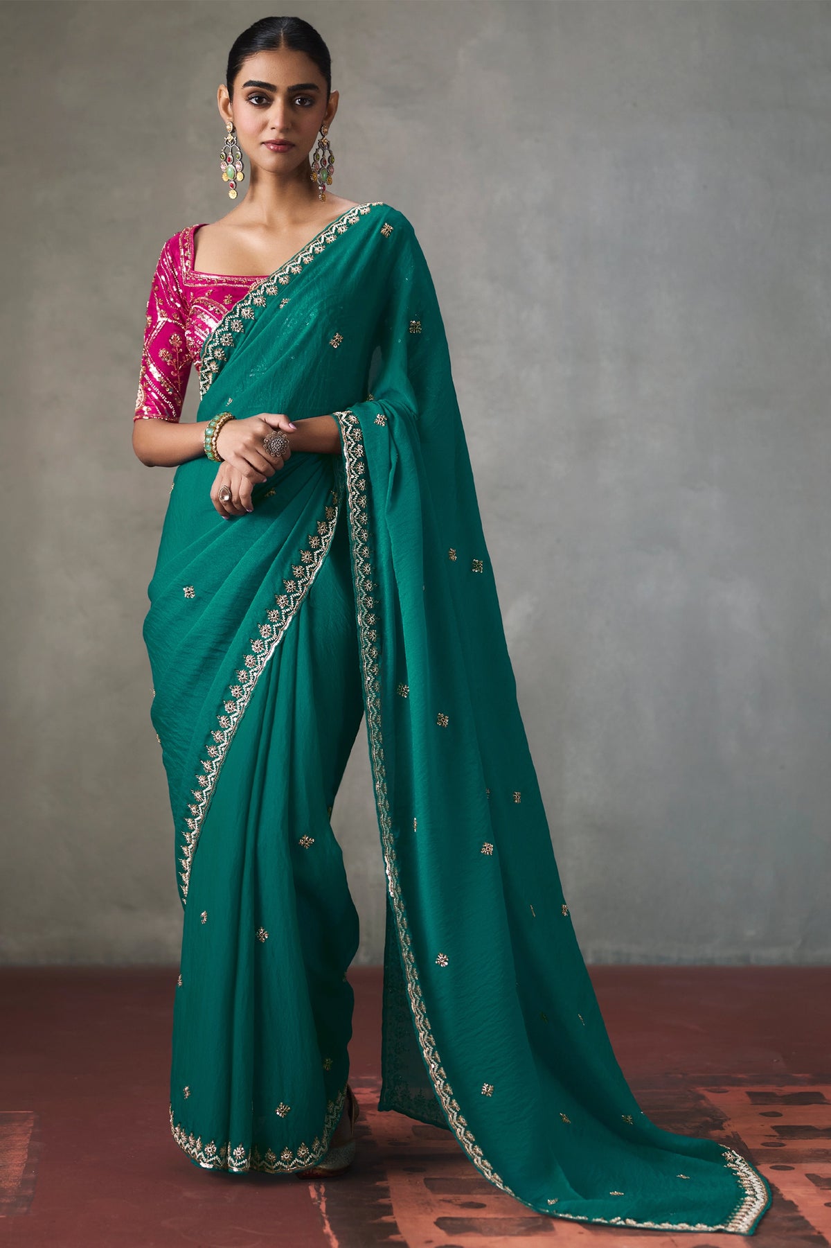 Teal Green Embroidered Silk Saree-SAR13400_1_SareeButa.com