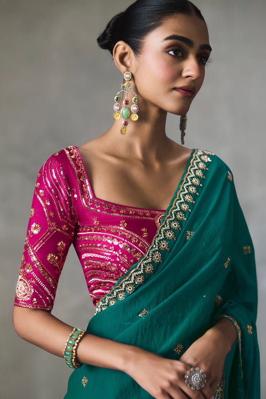 Teal Green Embroidered Silk Saree-SAR13400_2_SareeButa.com