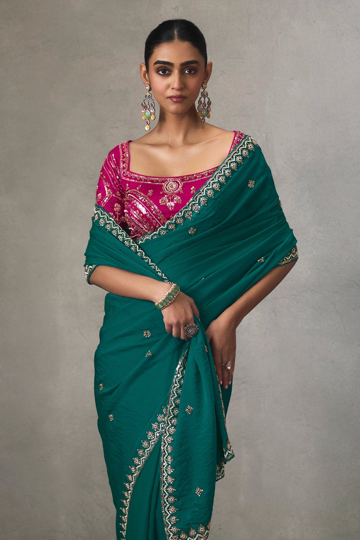 Teal Green Embroidered Silk Saree-SAR13400_4_SareeButa.com