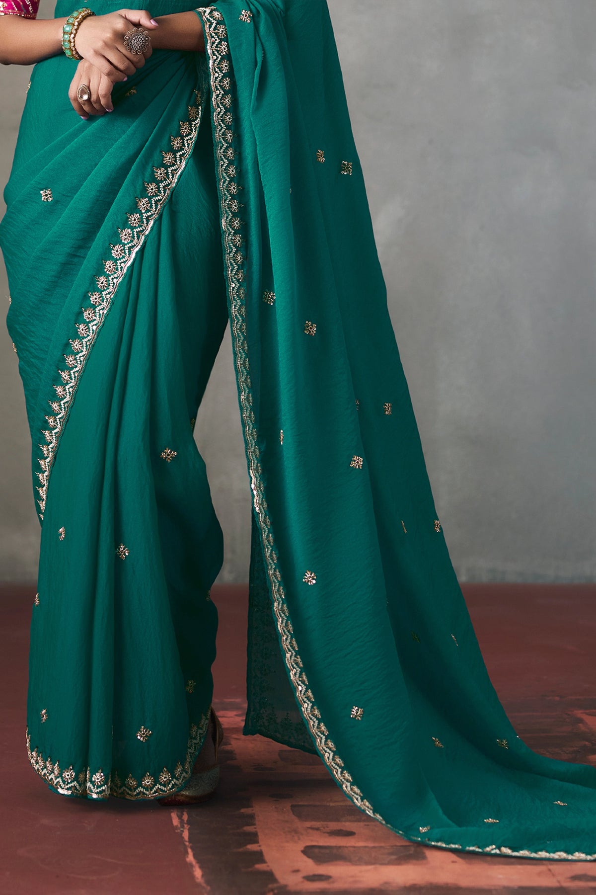 Teal Green Embroidered Silk Saree-SAR13400_5_SareeButa.com