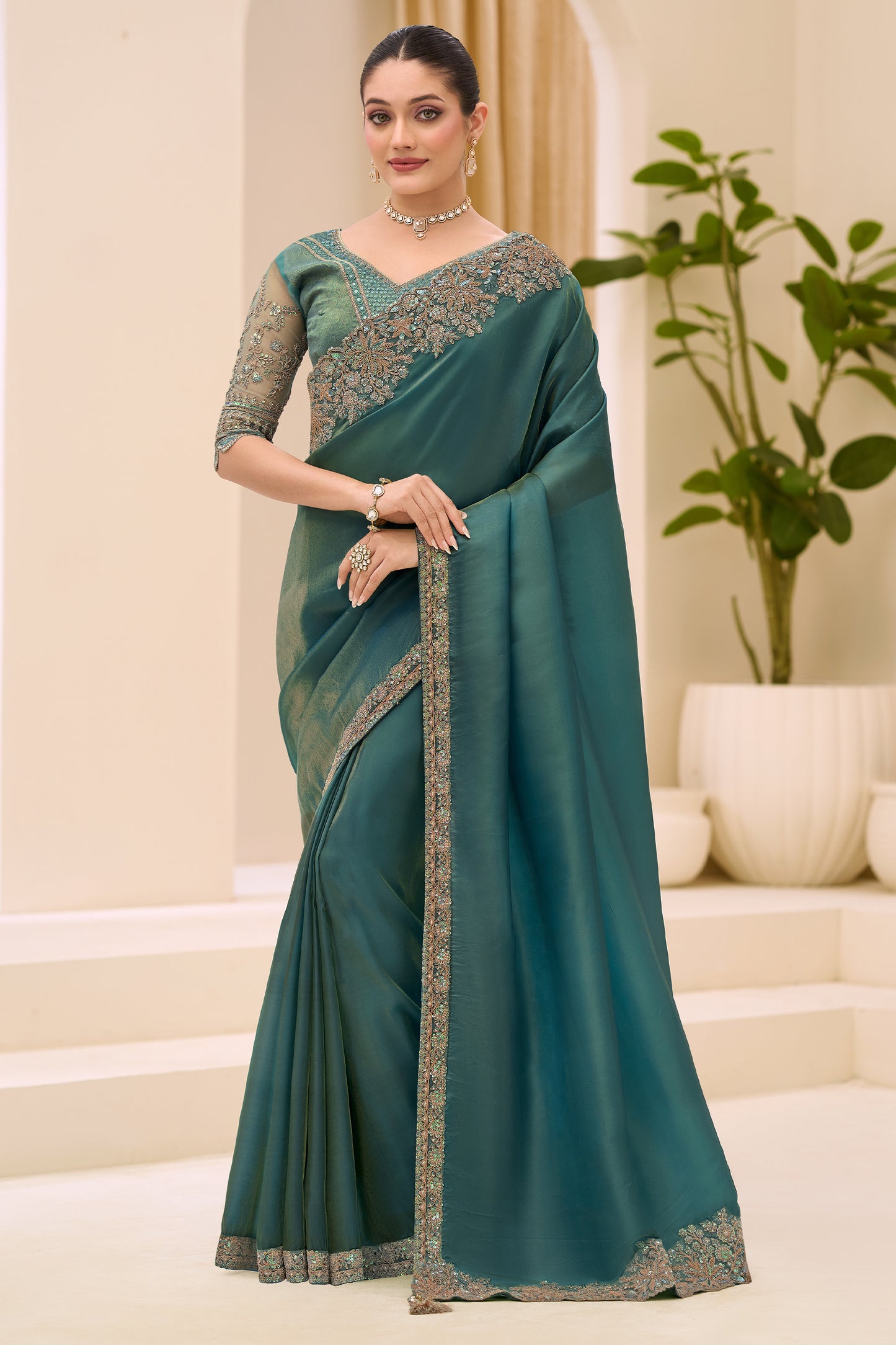 Teal Green Embroidered Tissue Saree-SAR12443_1_SareeButa.com