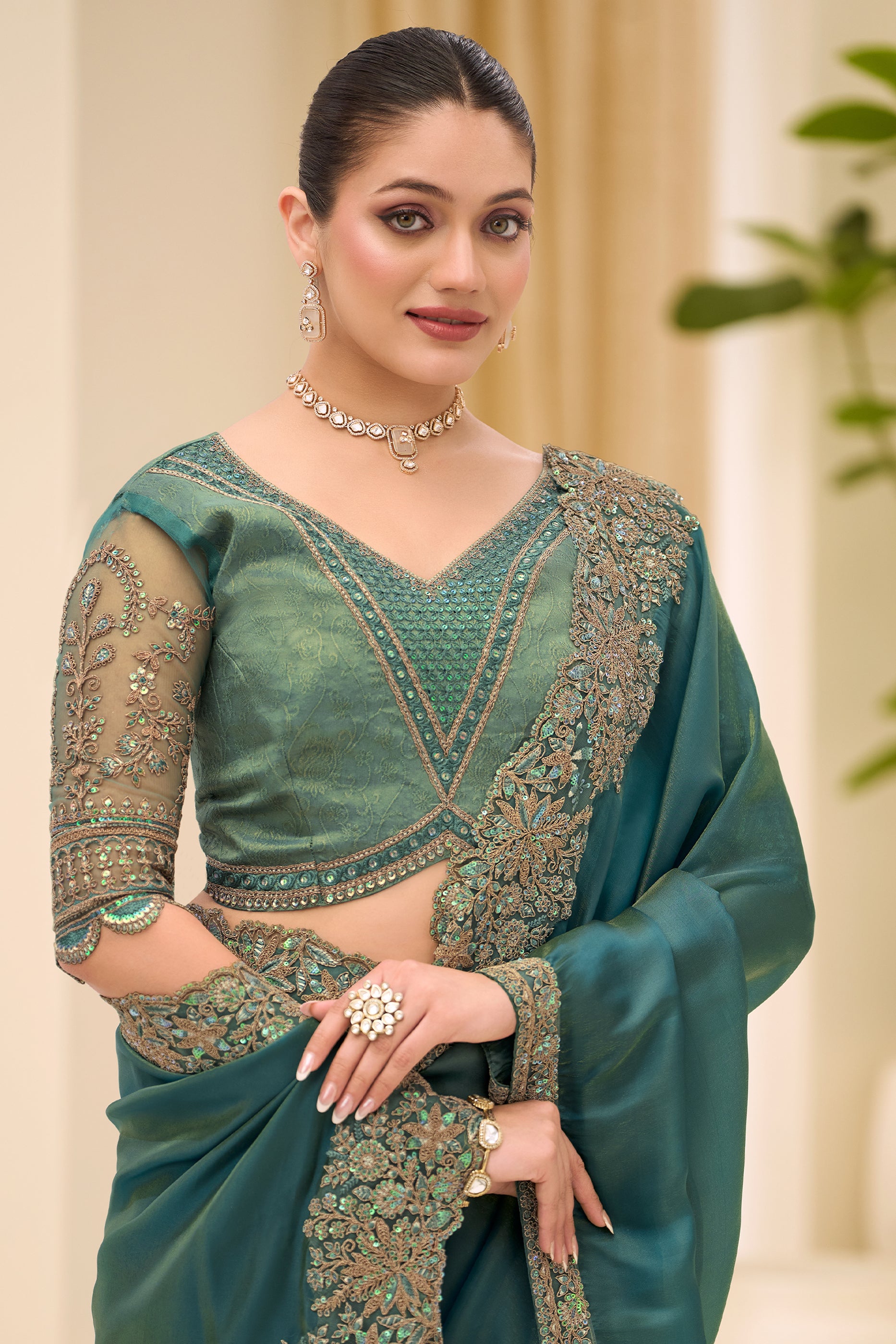 Teal Green Embroidered Tissue Saree-SAR12443_2_SareeButa.com