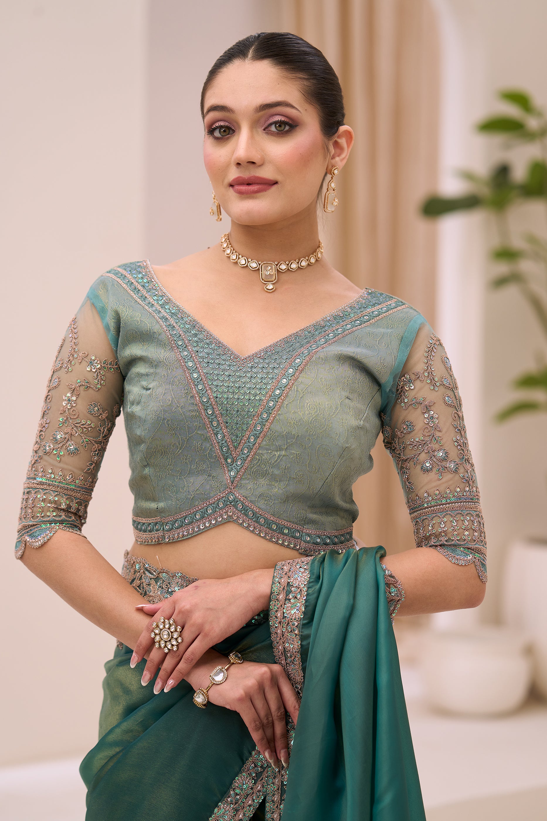 Teal Green Embroidered Tissue Saree-SAR12443_3_SareeButa.com