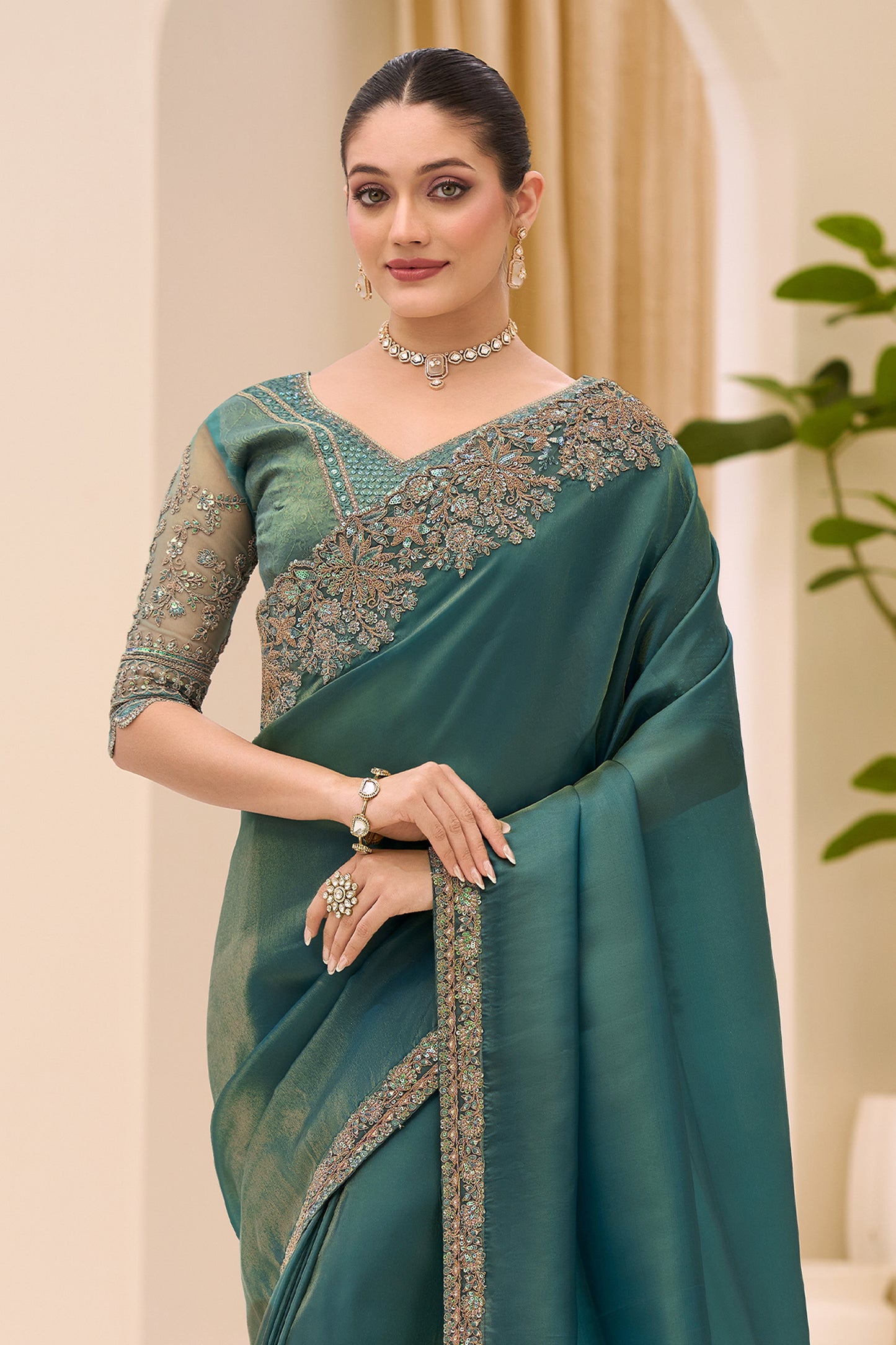 Teal Green Embroidered Tissue Saree-SAR12443_5_SareeButa.com