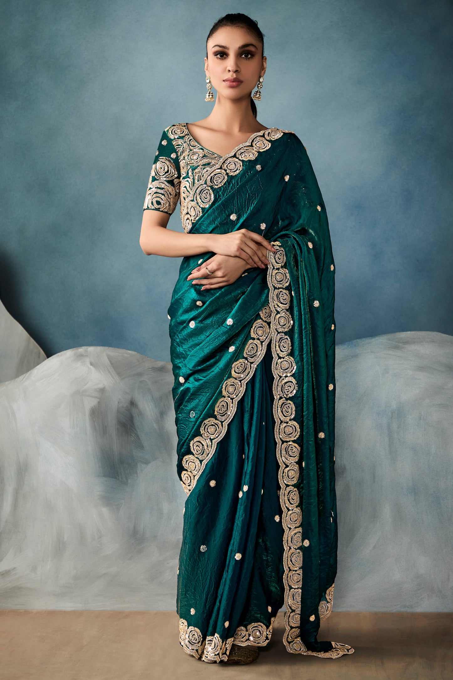 Teal Green Embroidered Tissue Saree-ZB134340_1_SareeButa.com