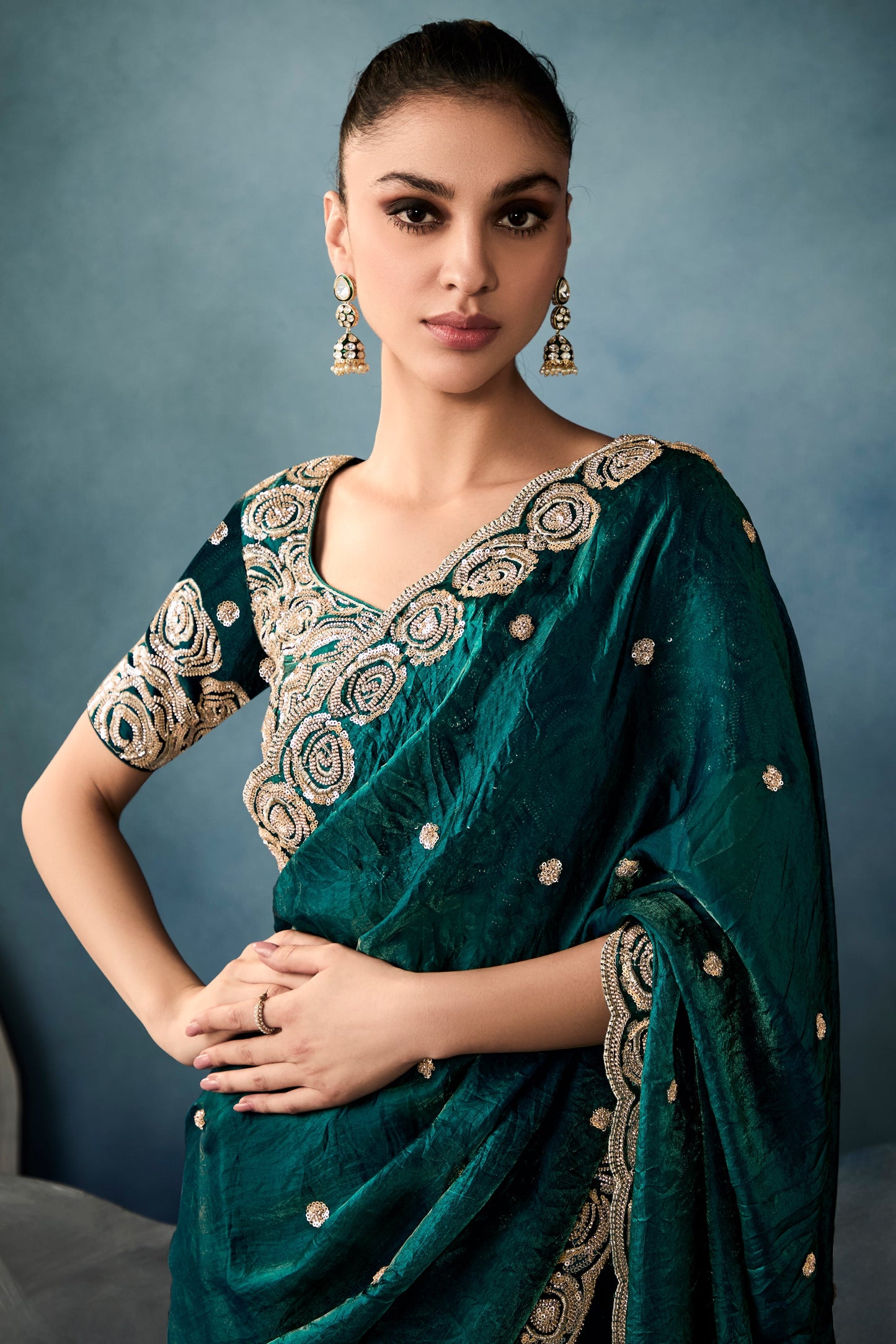 Teal Green Embroidered Tissue Saree-ZB134340_2_SareeButa.com