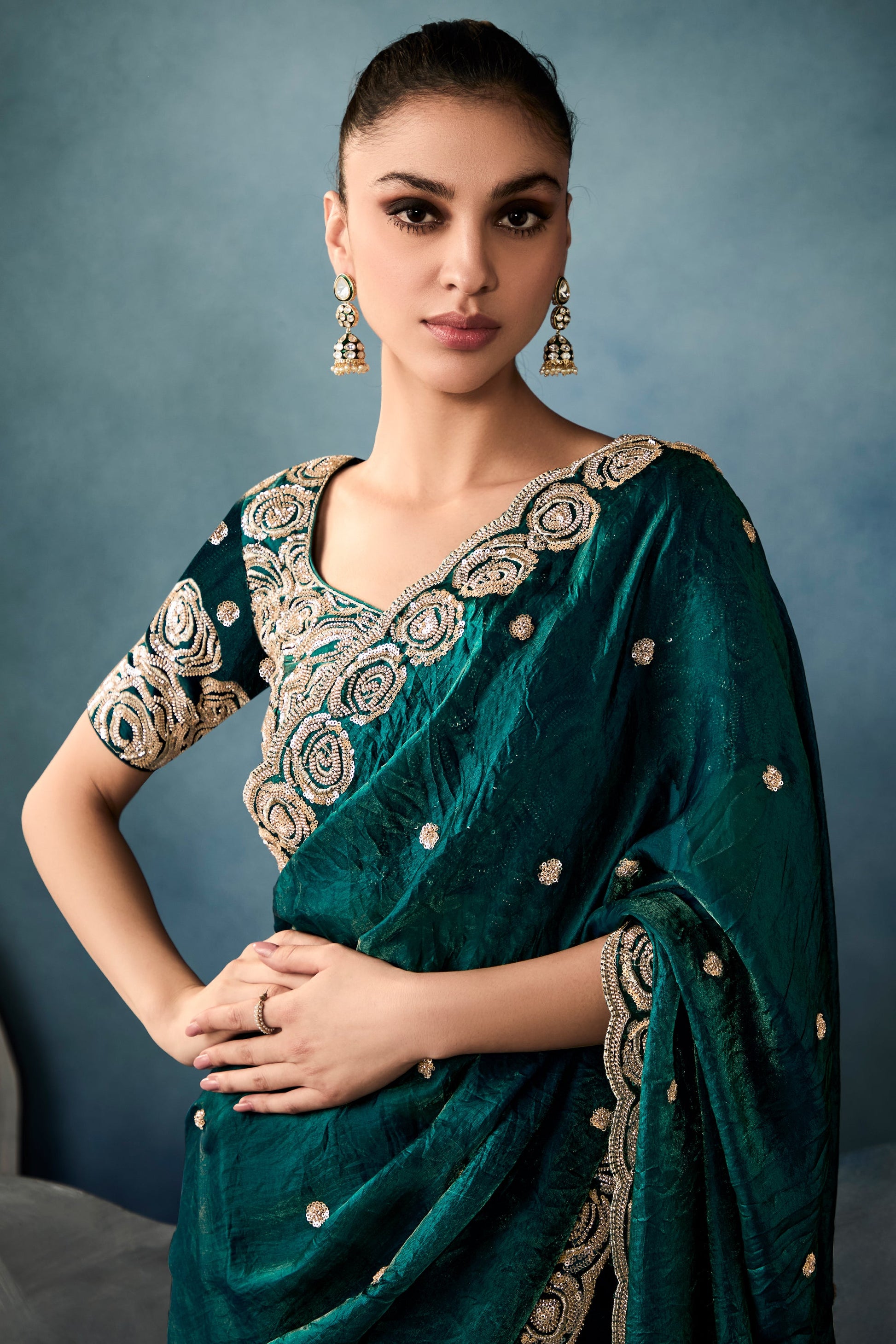 Teal Green Embroidered Tissue Saree-ZB134340_2_SareeButa.com