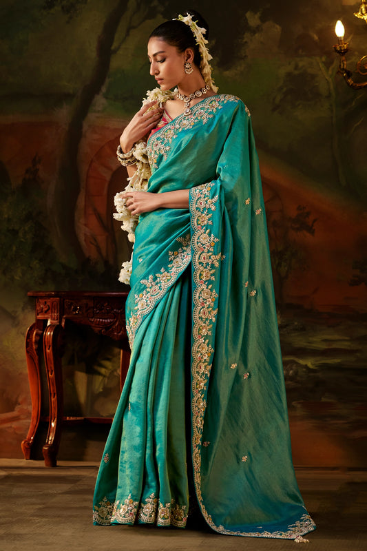 Teal Green Embroidered Viscose Tissue Saree-SAR13254_1_SareeButa.com