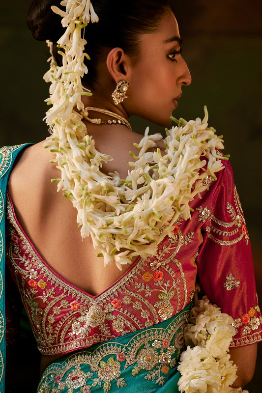 Teal Green Embroidered Viscose Tissue Saree-SAR13254_2_SareeButa.com